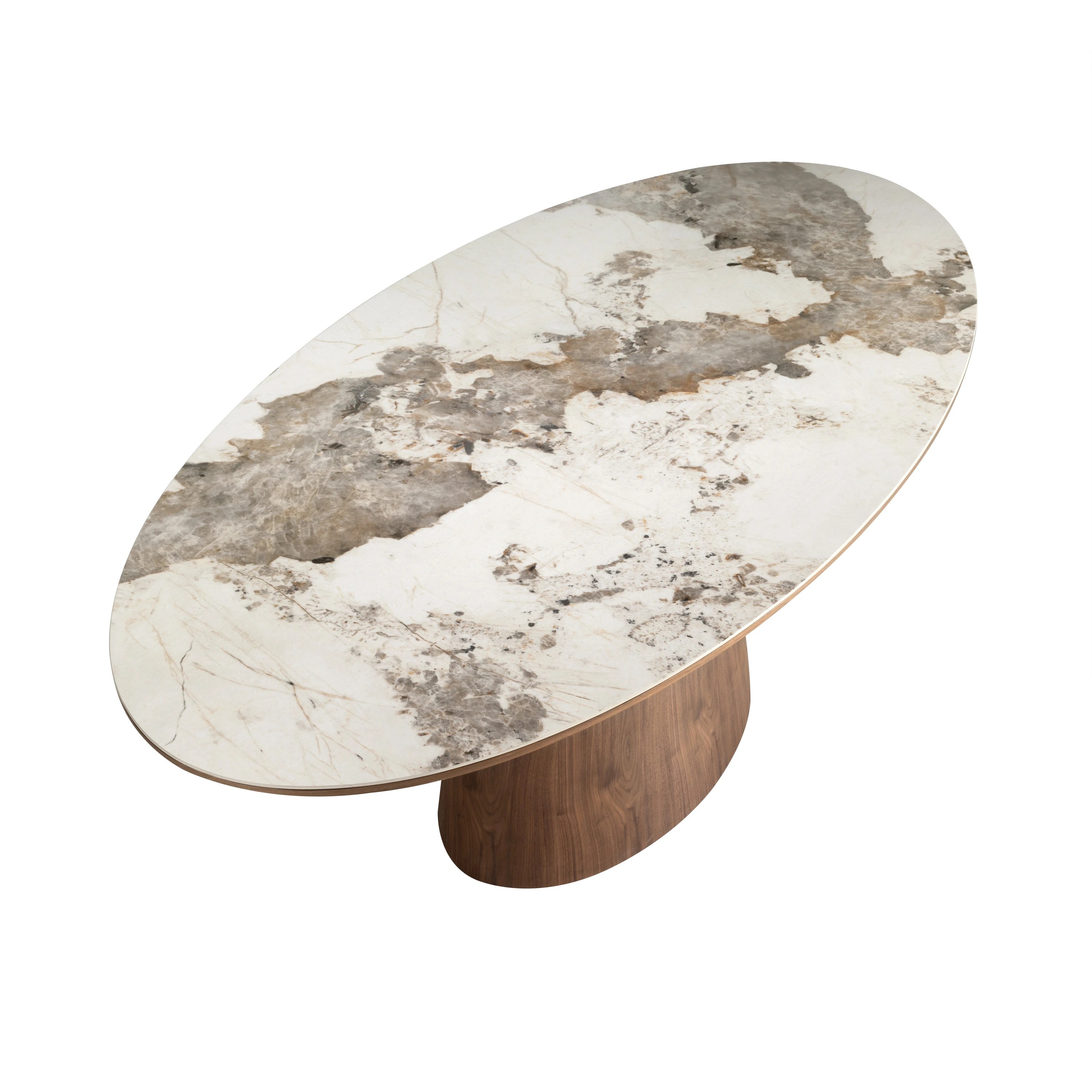 Table de salle à manger ovale en marbre en porcelaine et noyer