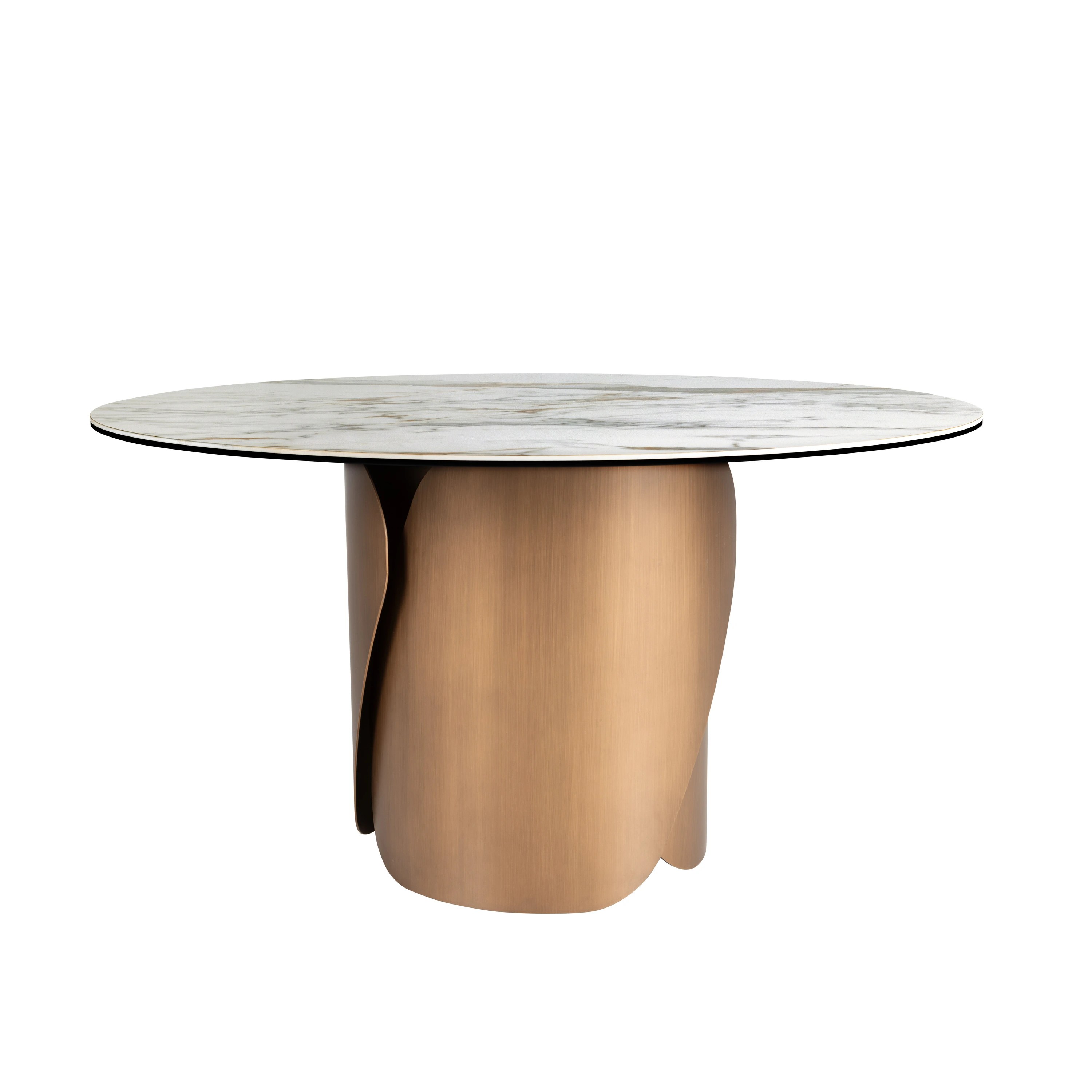 Table de salle à manger ronde en marbre porcelanique et acier coloris bronze