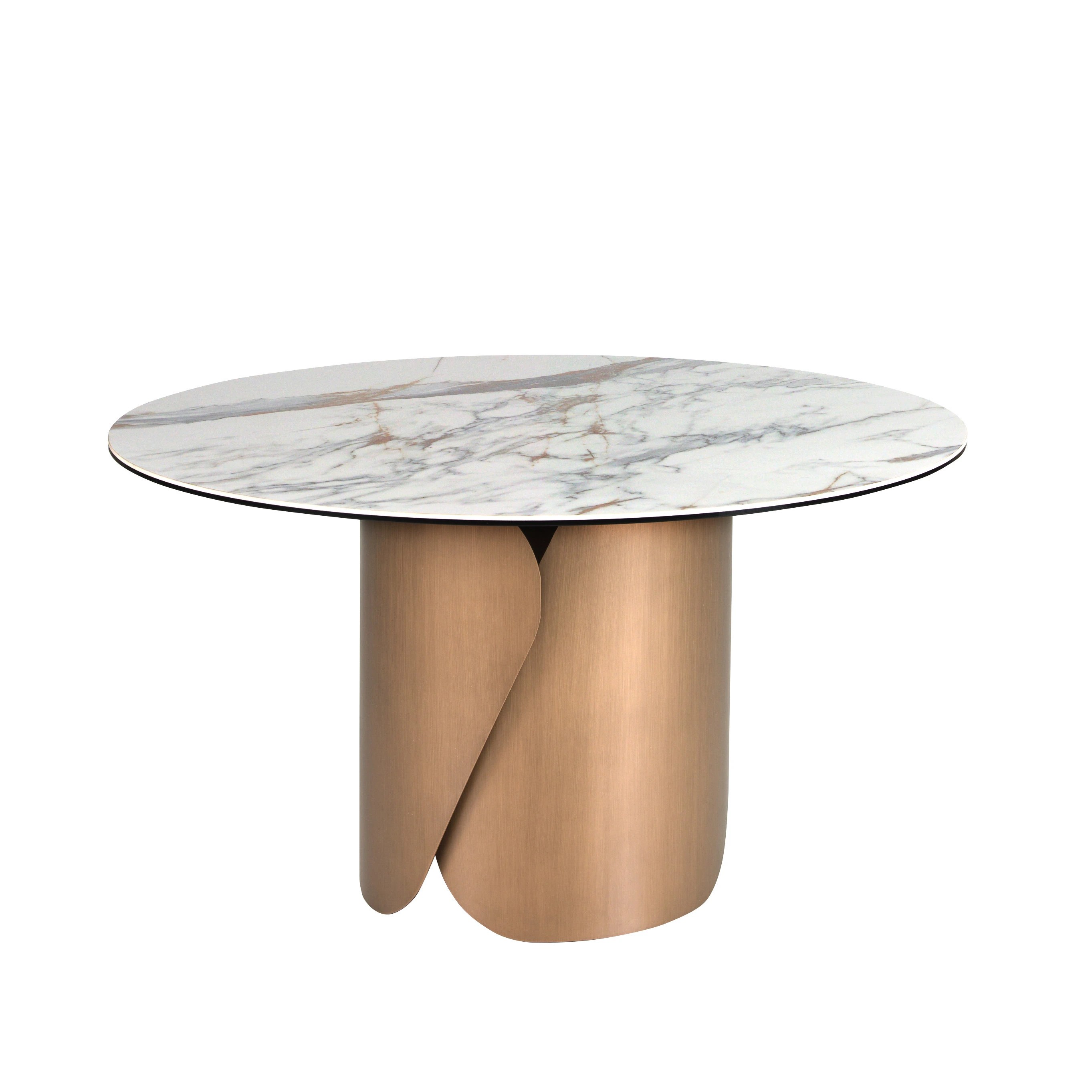 Table de salle à manger ronde en marbre porcelanique et acier coloris bronze