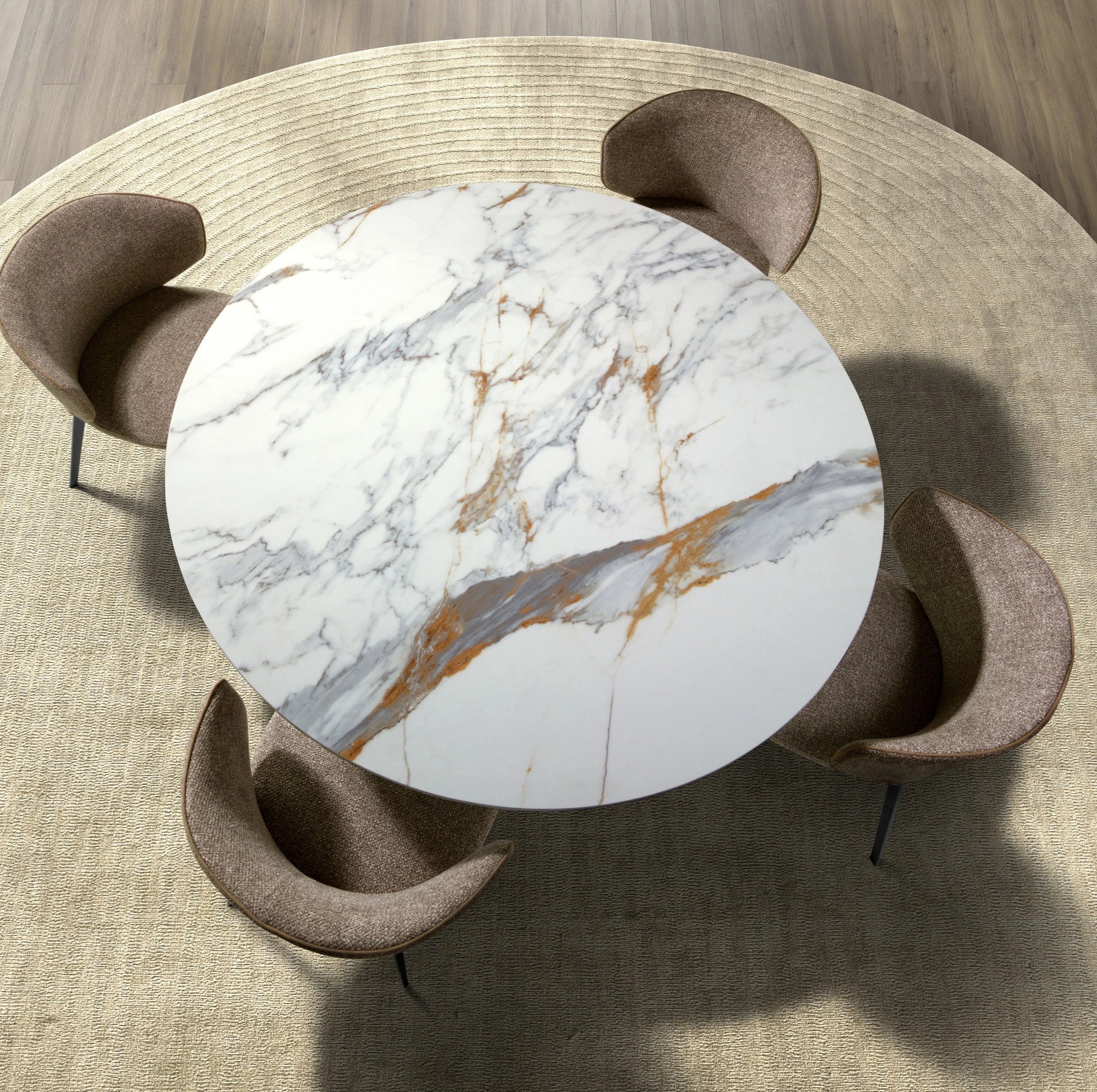Table de salle à manger ronde en marbre porcelanique et acier coloris bronze