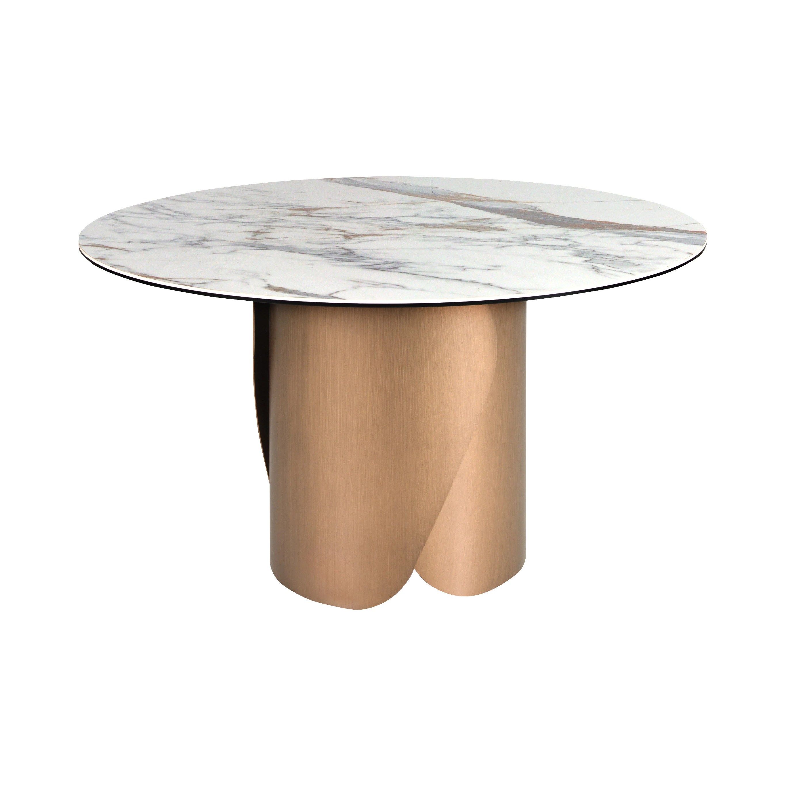 Table de salle à manger ronde en marbre porcelanique et acier coloris bronze