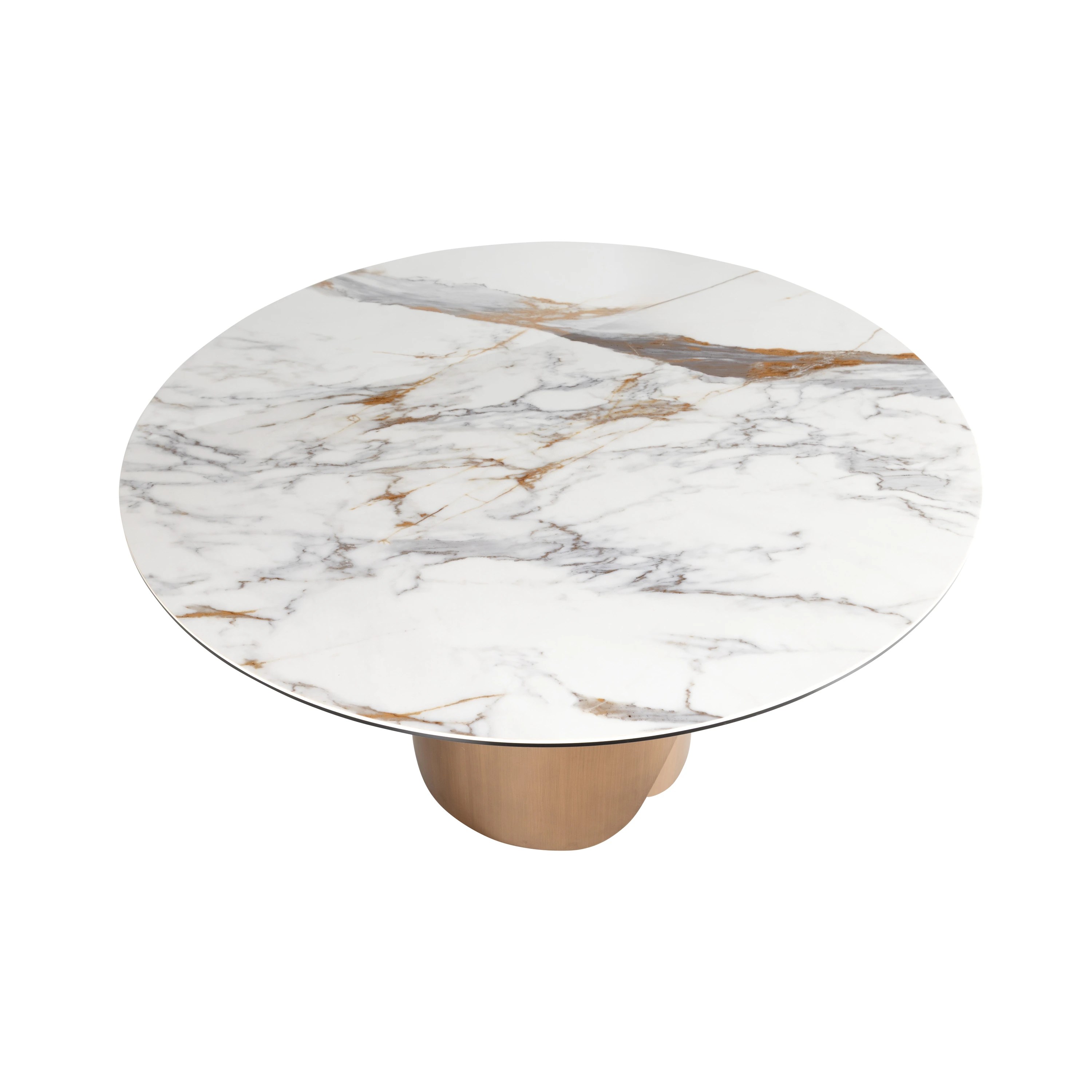 Table de salle à manger ronde en marbre porcelanique et acier coloris bronze