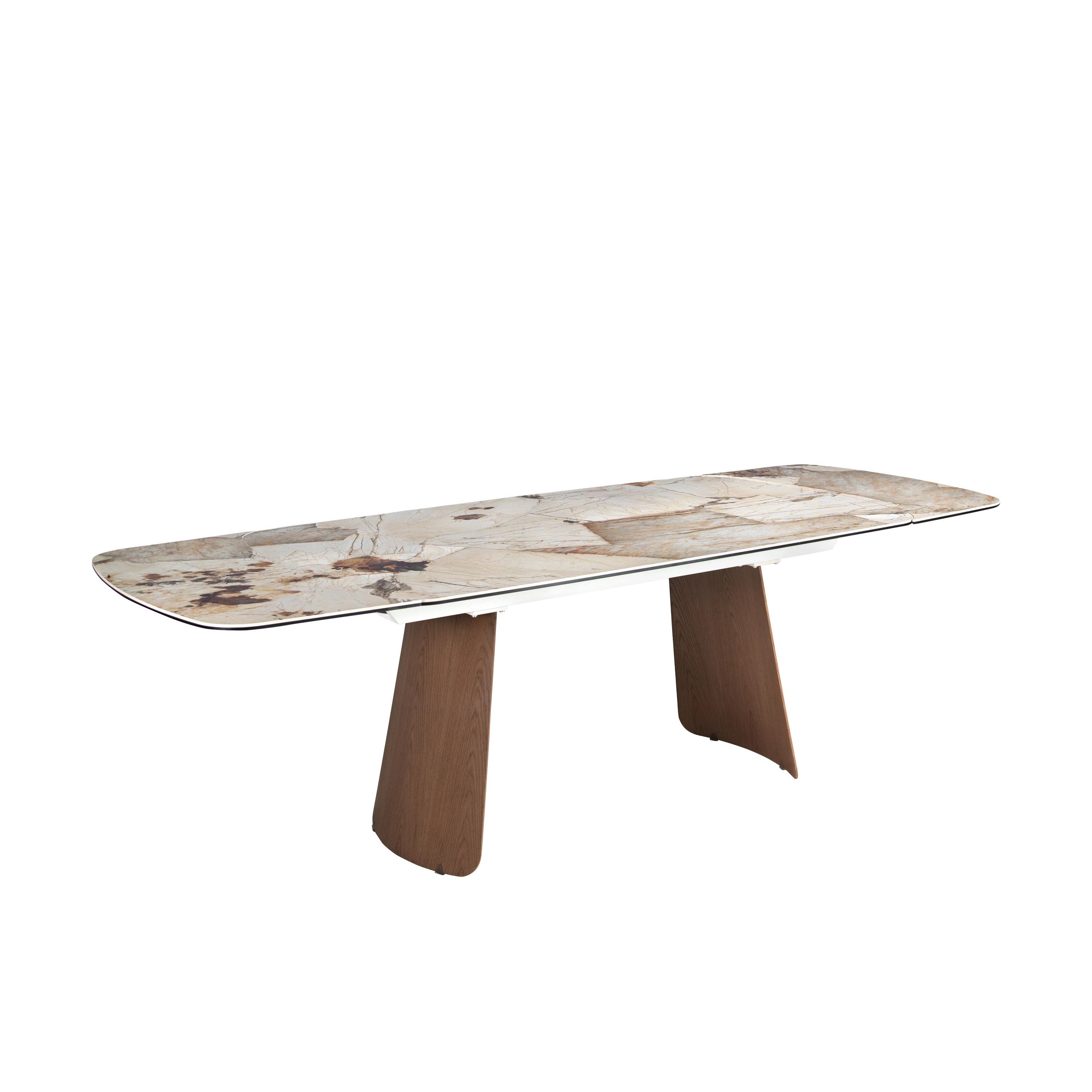Table à rallonges ovale en marbre porcelainé et noyer