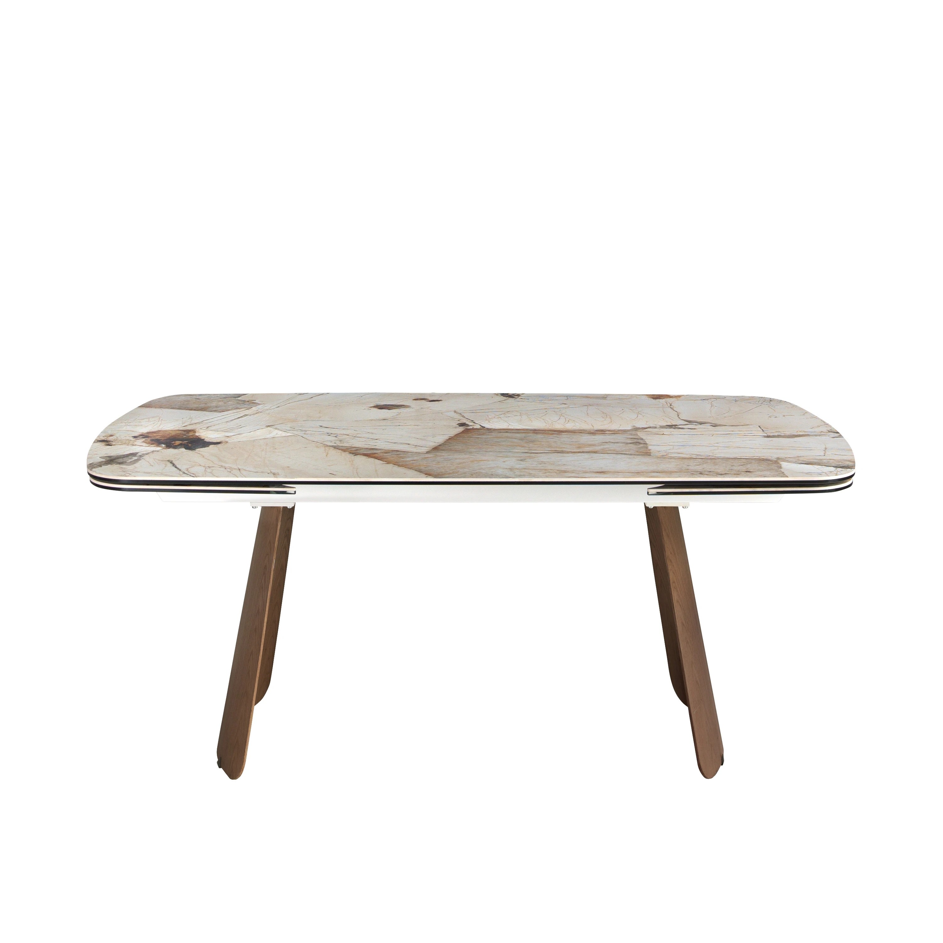 Table à rallonges ovale en marbre porcelainé et noyer