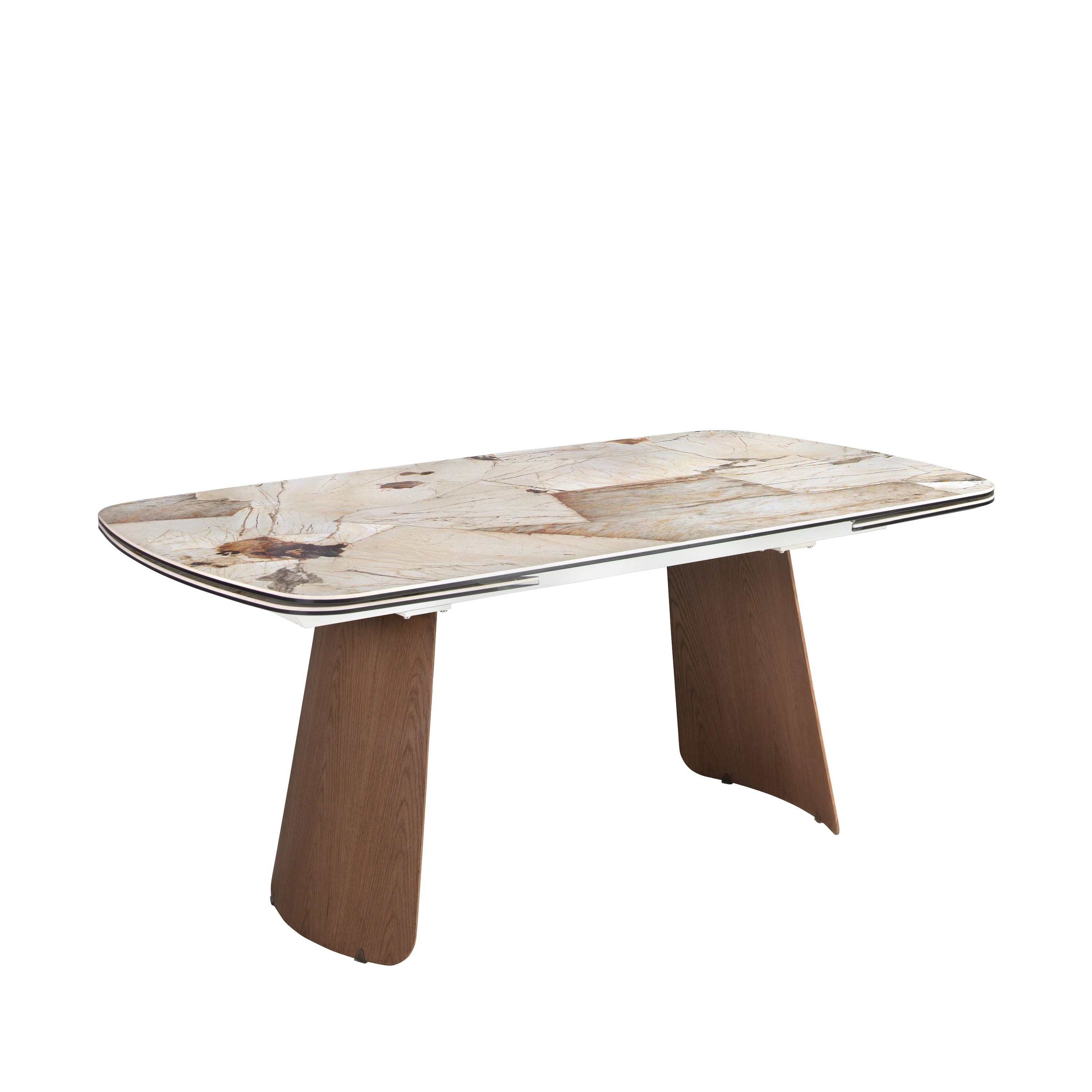 Table à rallonges ovale en marbre porcelainé et noyer