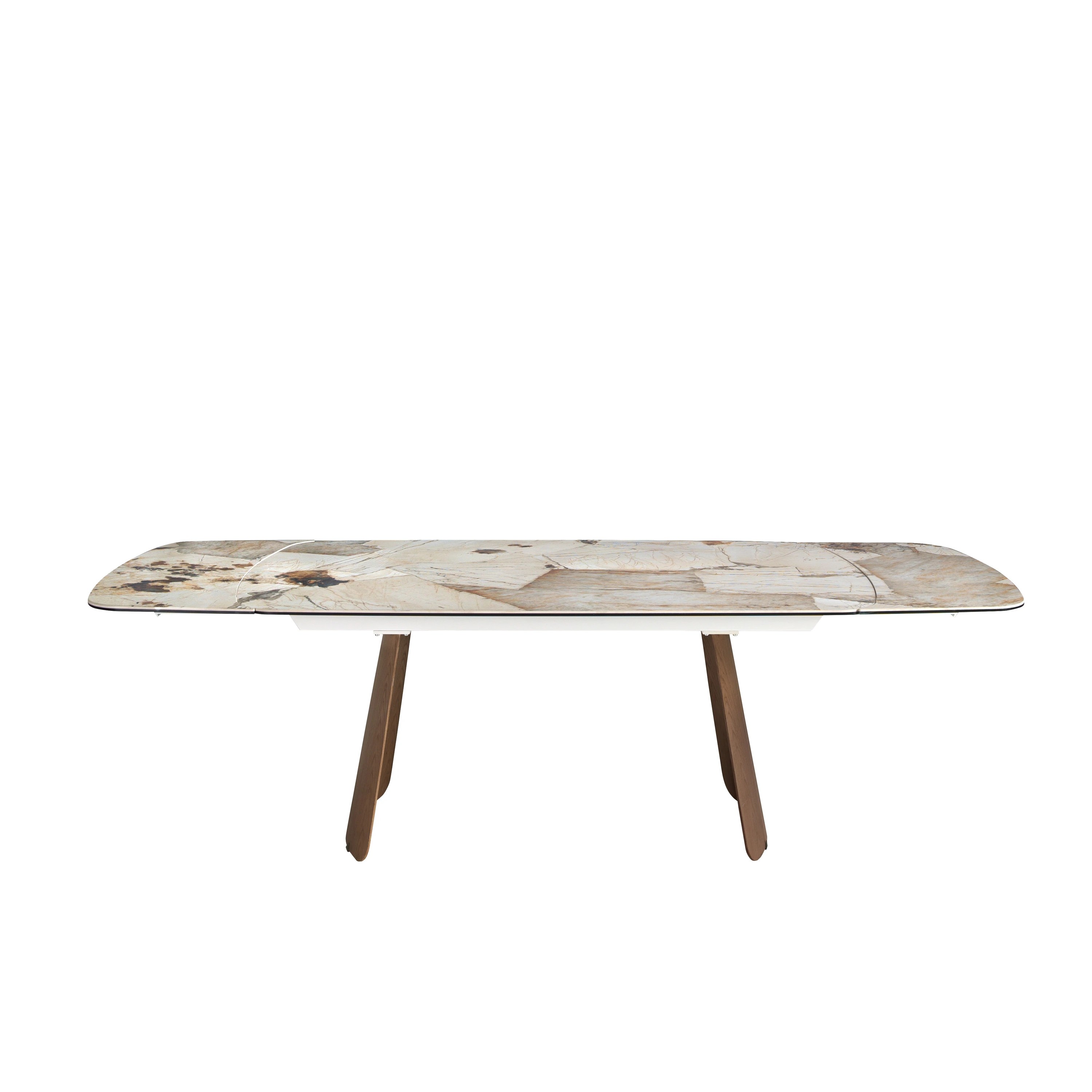 Table à rallonges ovale en marbre porcelainé et noyer