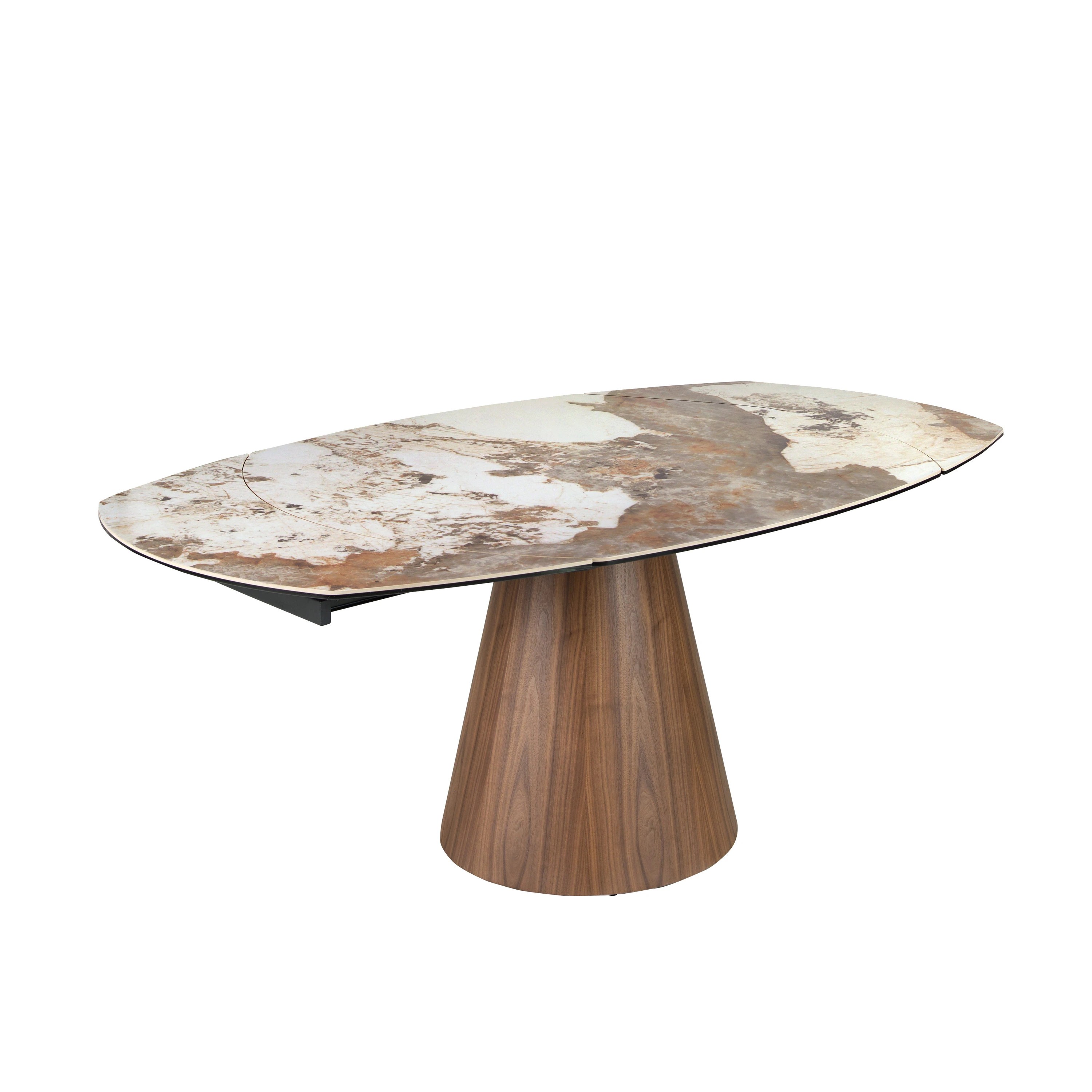 Table de salle à manger extensible ovale en forme de tonneau en marbre porcelanique et bois de noyer