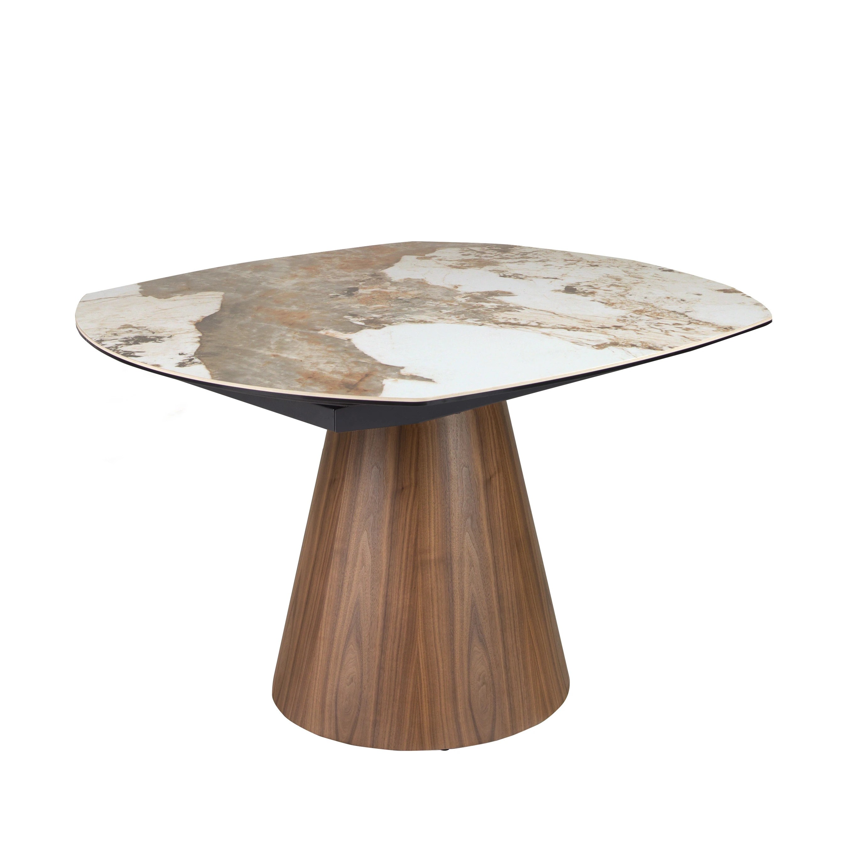 Table de salle à manger extensible ovale en forme de tonneau en marbre porcelanique et bois de noyer