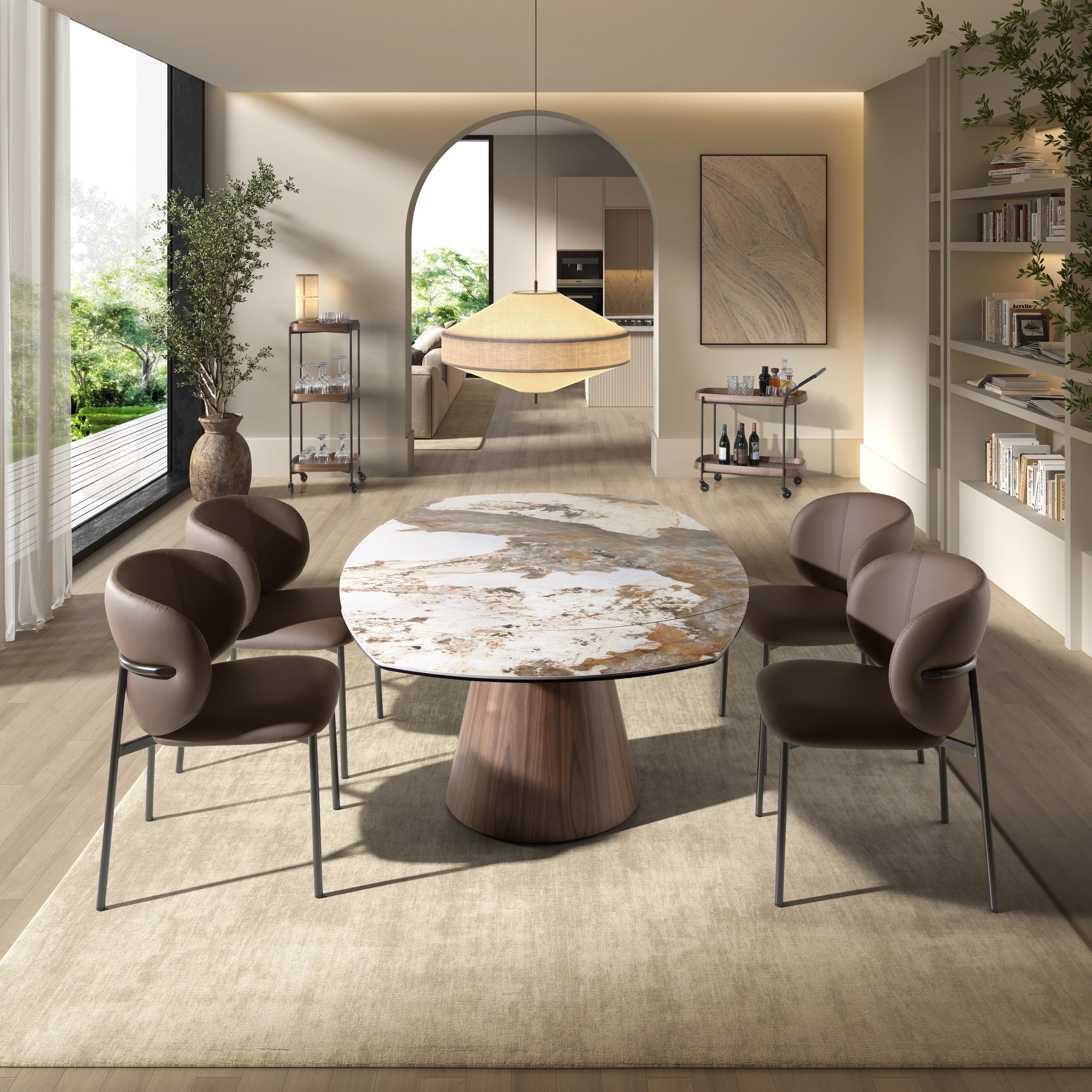 Table de salle à manger extensible ovale en forme de tonneau en marbre porcelanique et bois de noyer
