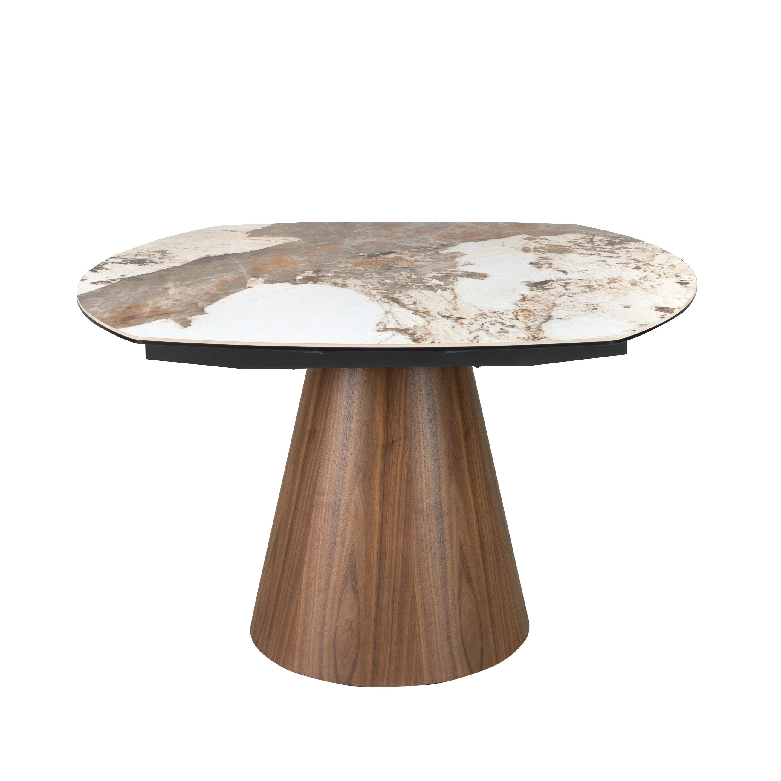 Table de salle à manger extensible ovale en forme de tonneau en marbre porcelanique et bois de noyer