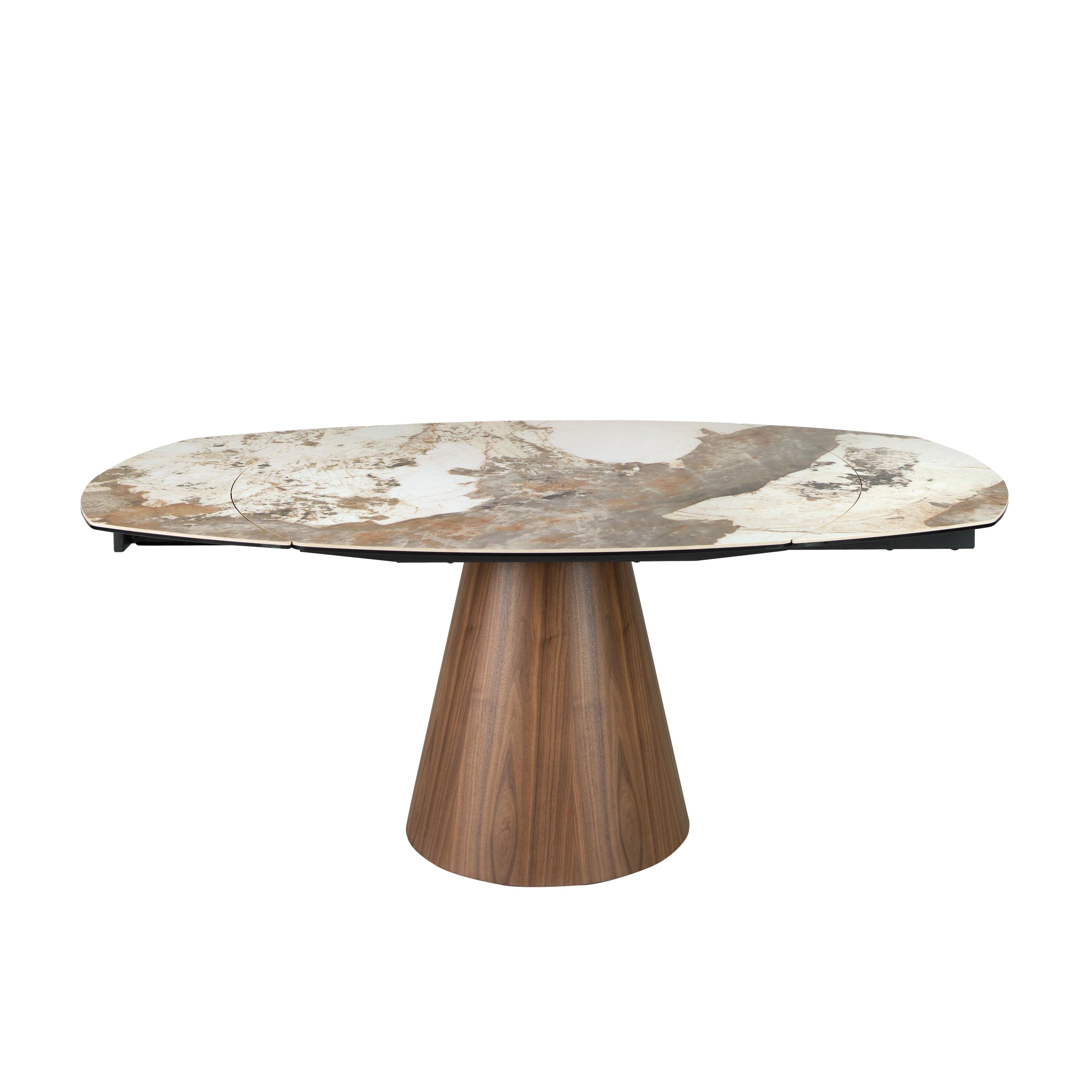 Table de salle à manger extensible ovale en forme de tonneau en marbre porcelanique et bois de noyer