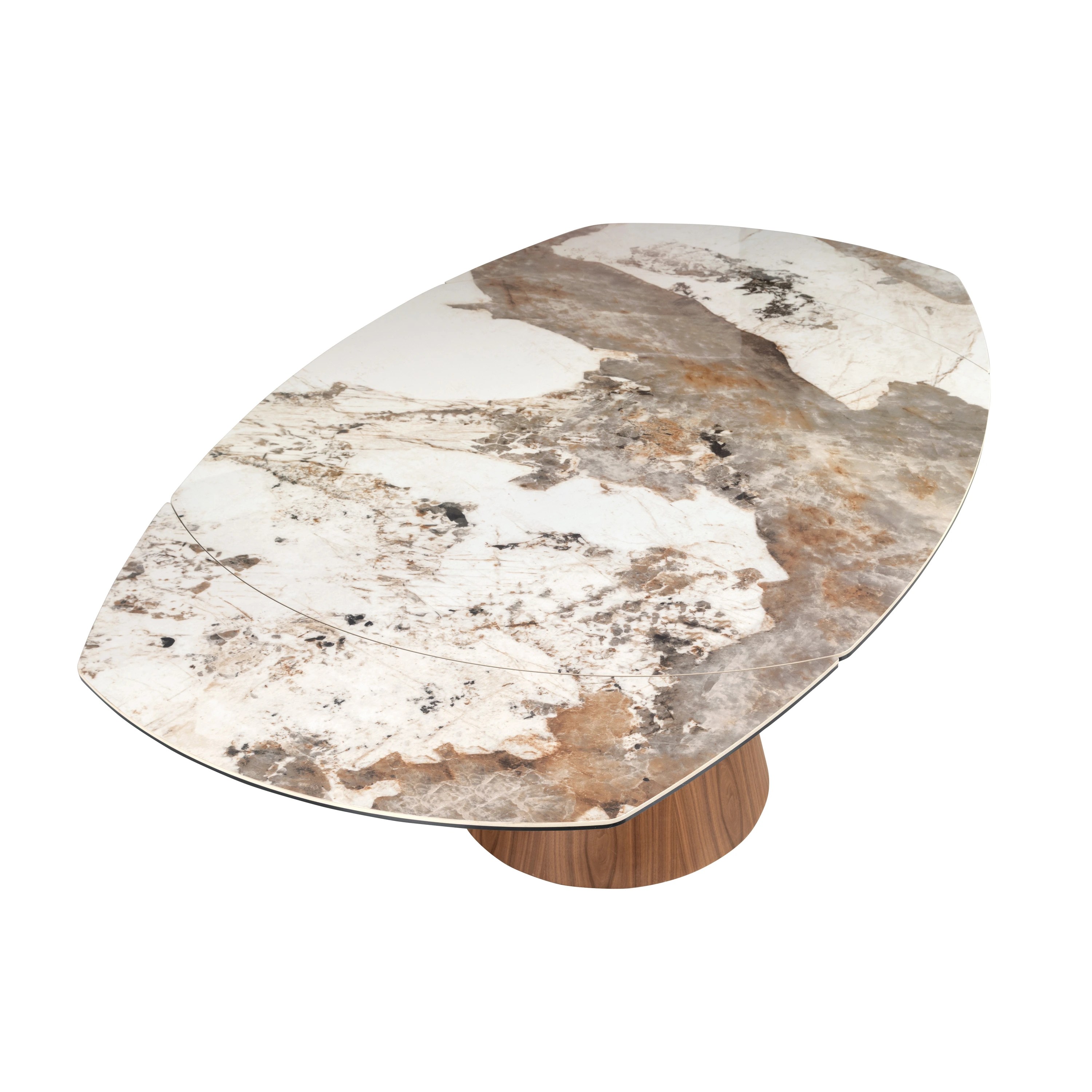 Table de salle à manger extensible ovale en forme de tonneau en marbre porcelanique et bois de noyer
