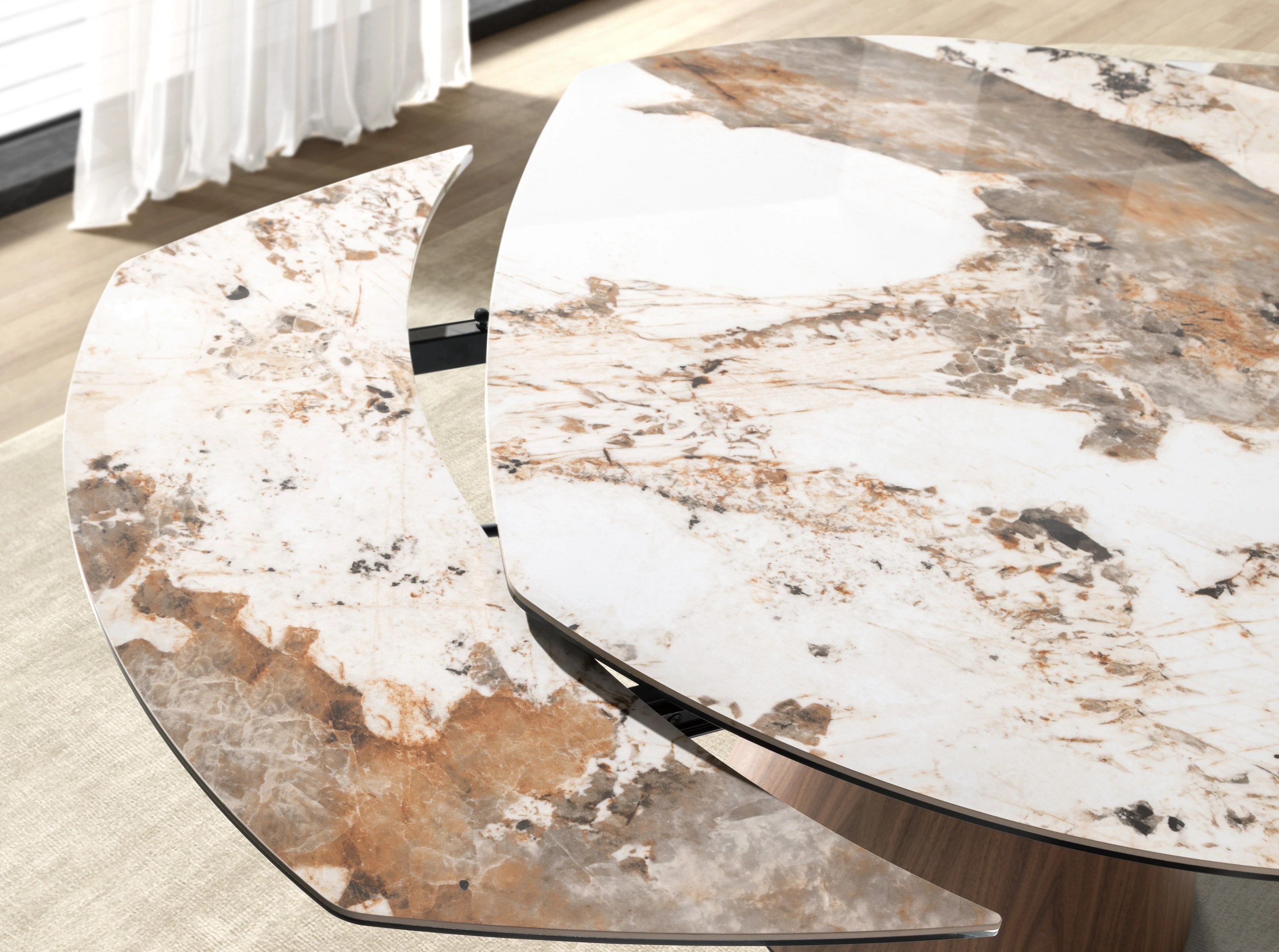 Table de salle à manger extensible ovale en forme de tonneau en marbre porcelanique et bois de noyer