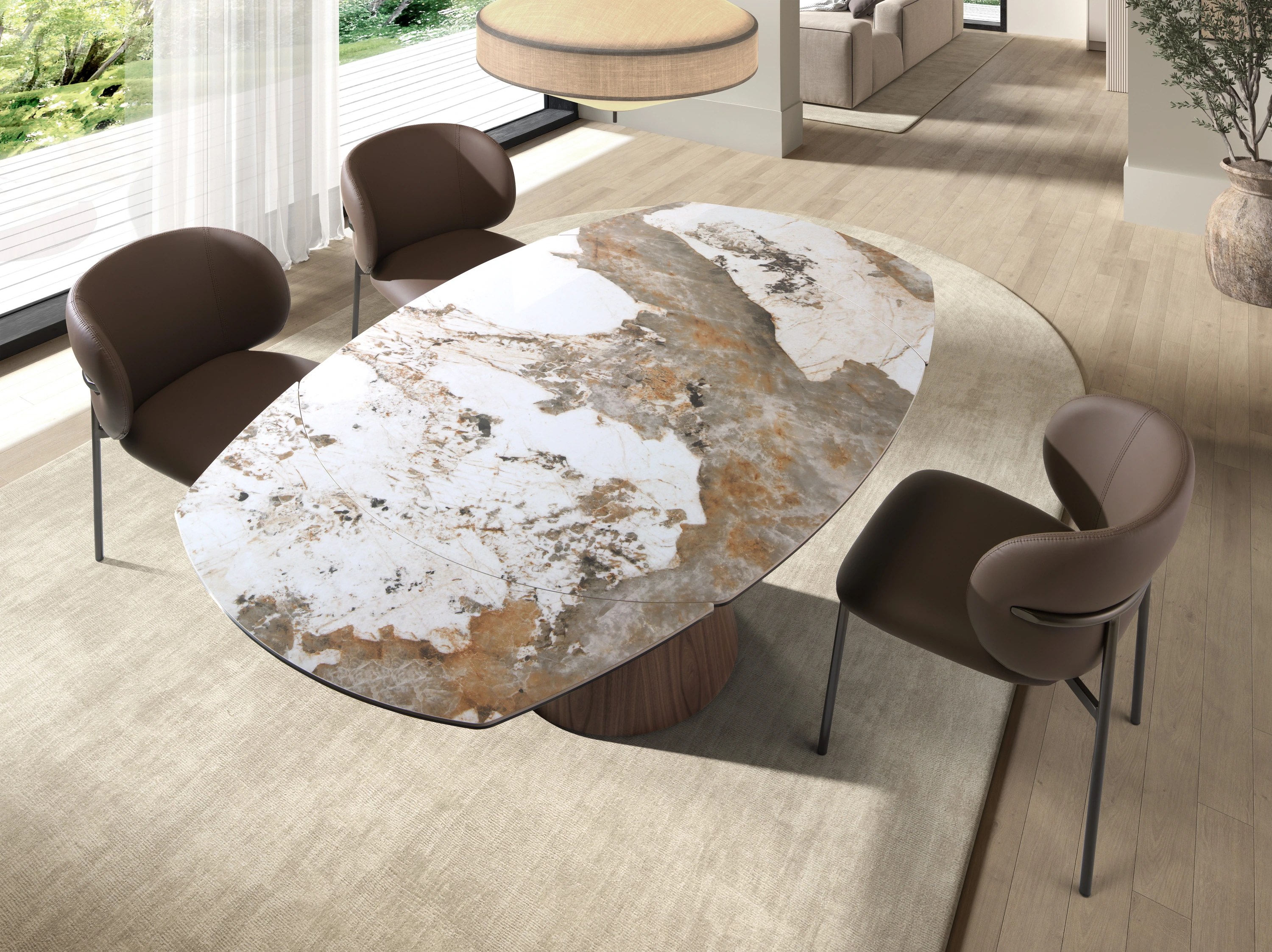 Table de salle à manger extensible ovale en forme de tonneau en marbre porcelanique et bois de noyer