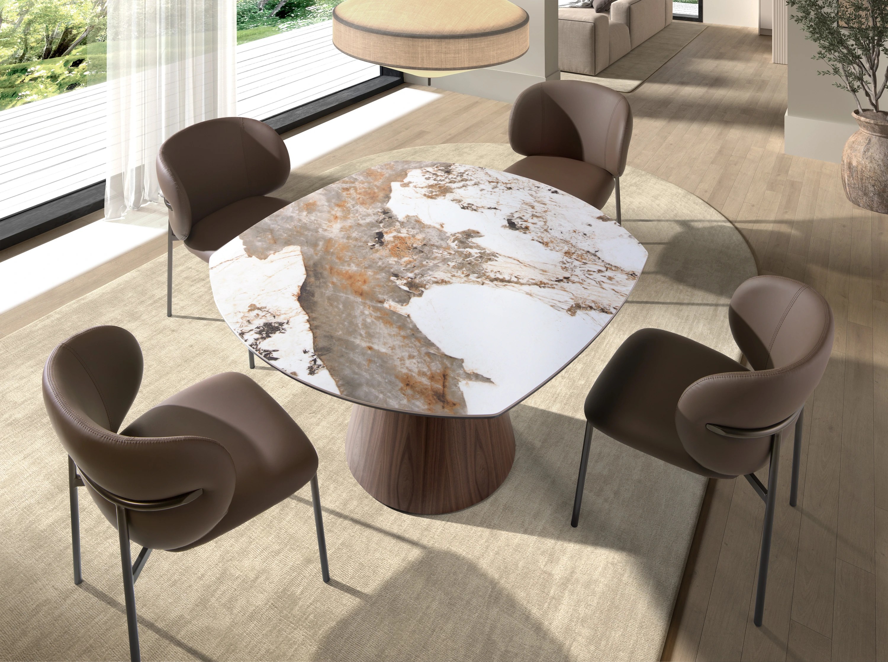 Table de salle à manger extensible ovale en forme de tonneau en marbre porcelanique et bois de noyer