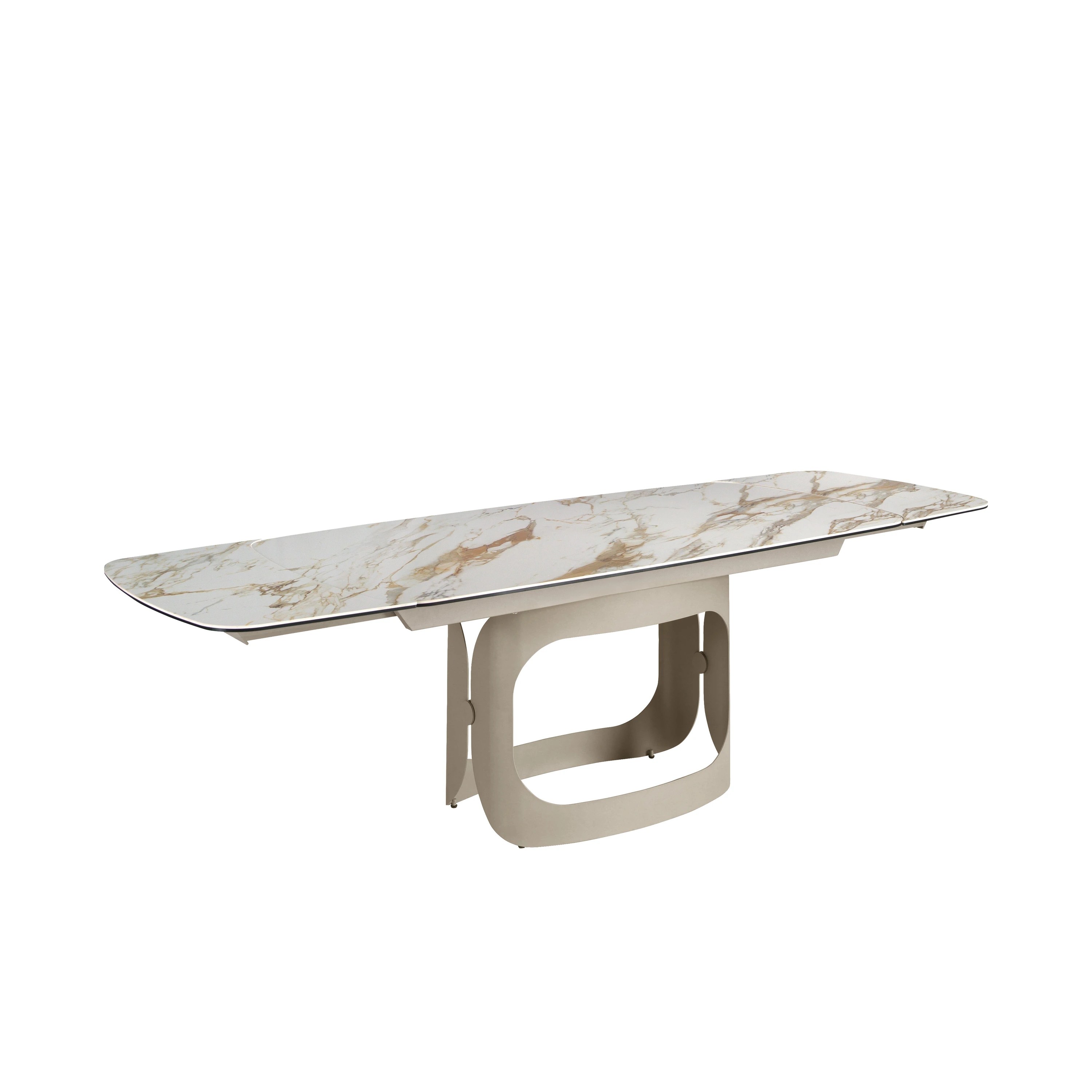 Table à rallonges ovale en marbre porcelainé et acier sable métallisé