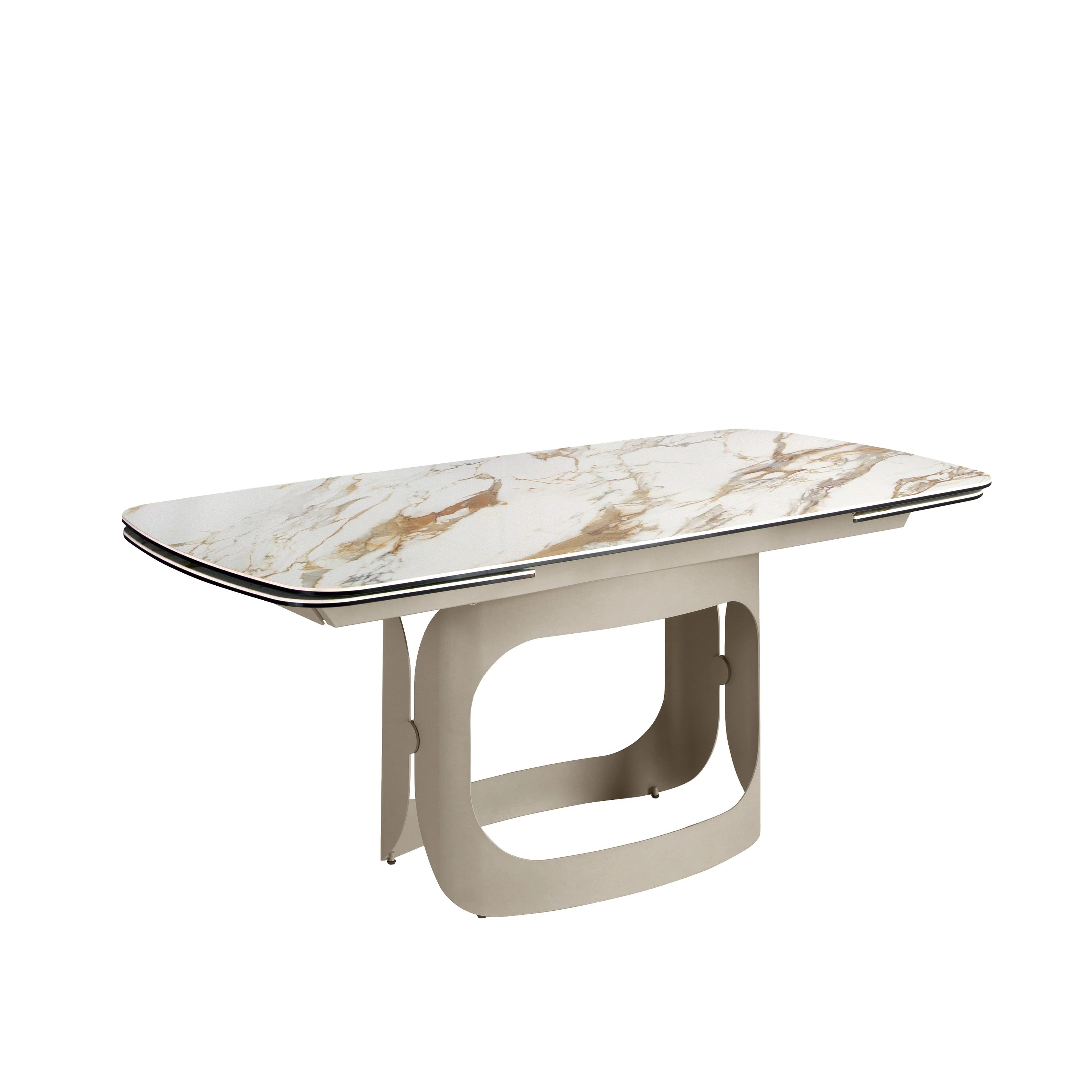 Table à rallonges ovale en marbre porcelainé et acier sable métallisé