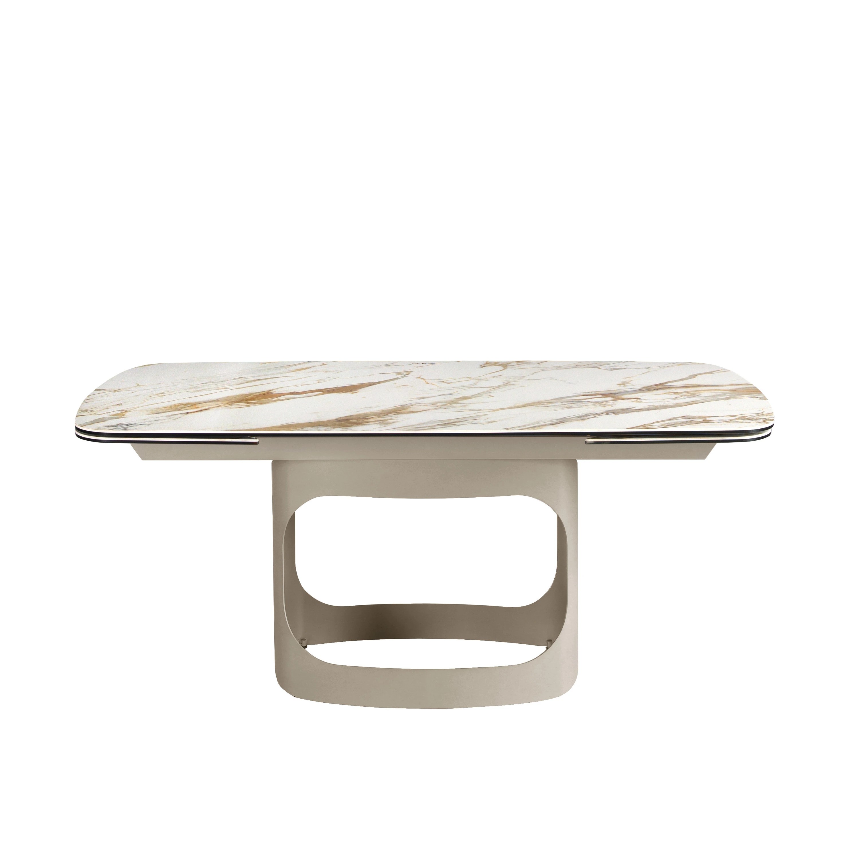 Table à rallonges ovale en marbre porcelainé et acier sable métallisé