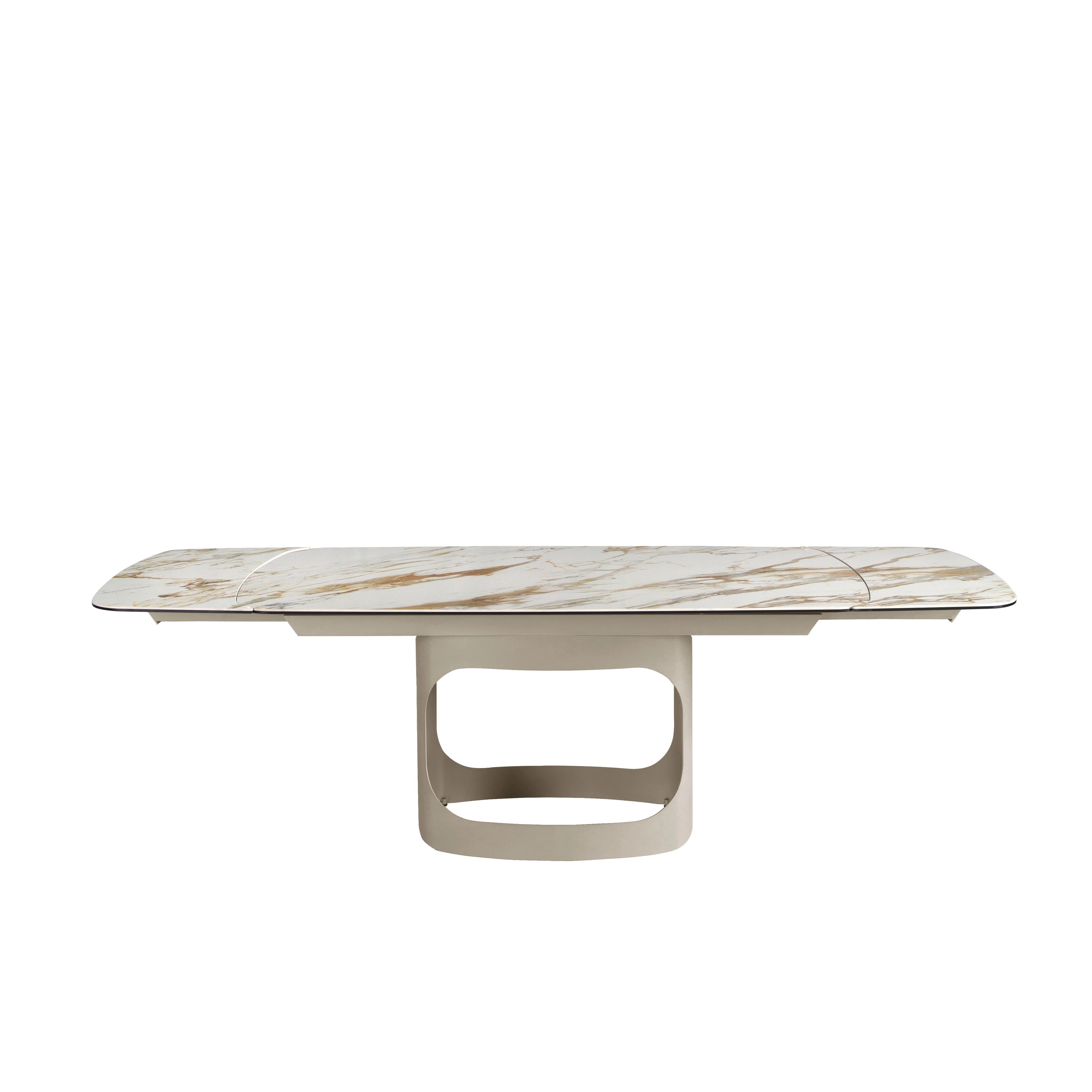 Table à rallonges ovale en marbre porcelainé et acier sable métallisé