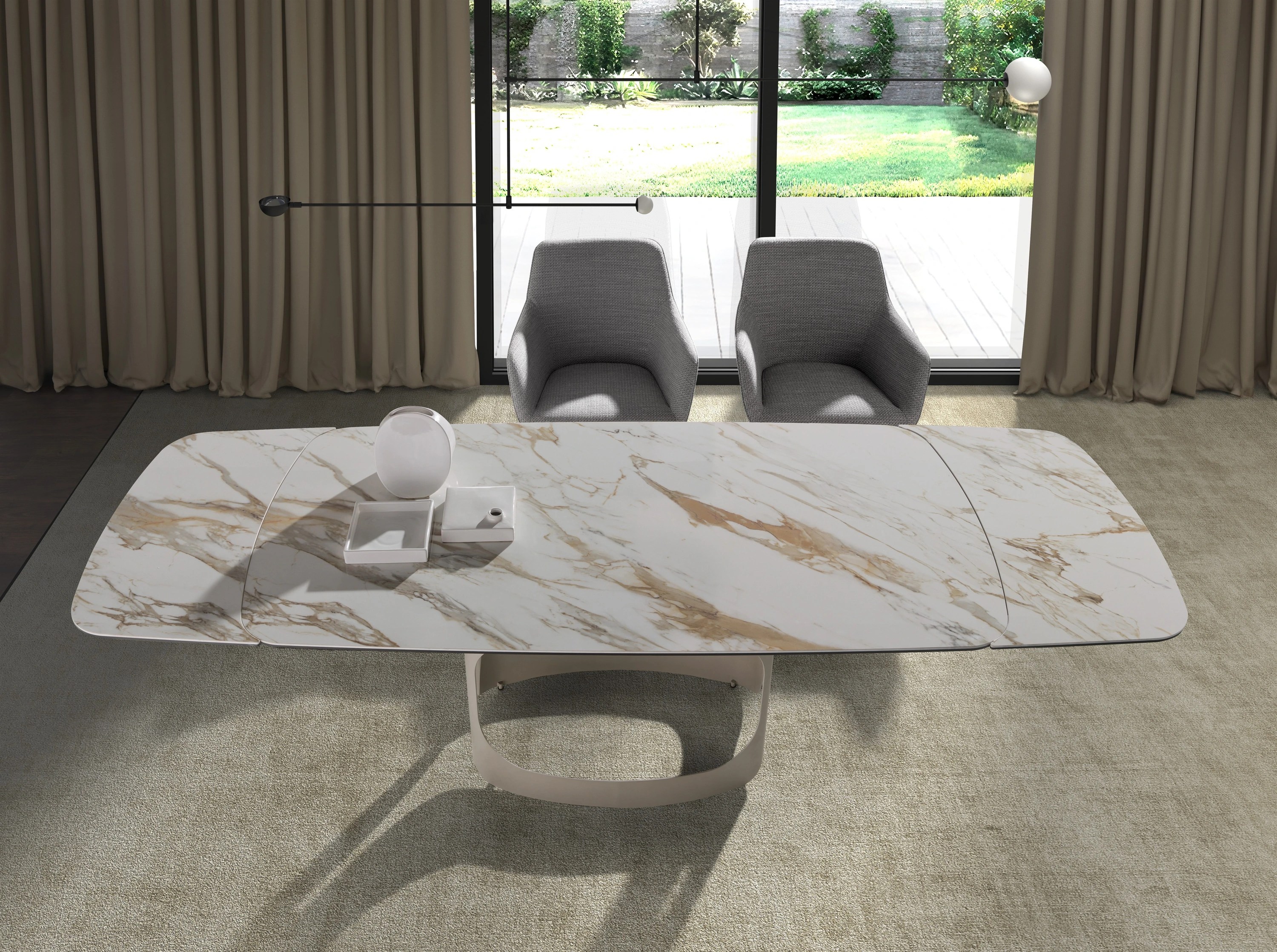 Table à rallonges ovale en marbre porcelainé et acier sable métallisé