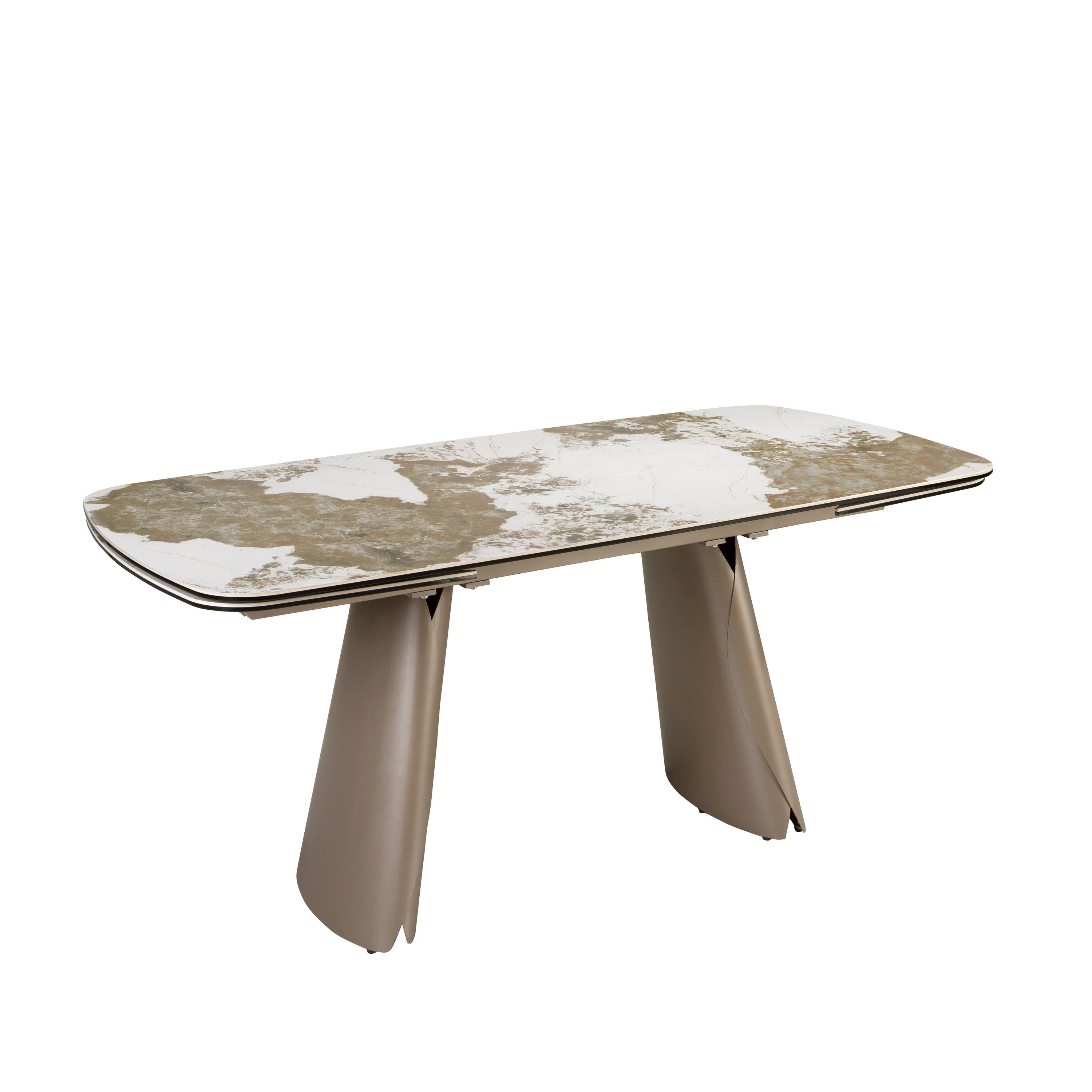 Table à manger ovale extensible en forme de tonneau en marbre céramique et acier taupe métallisé