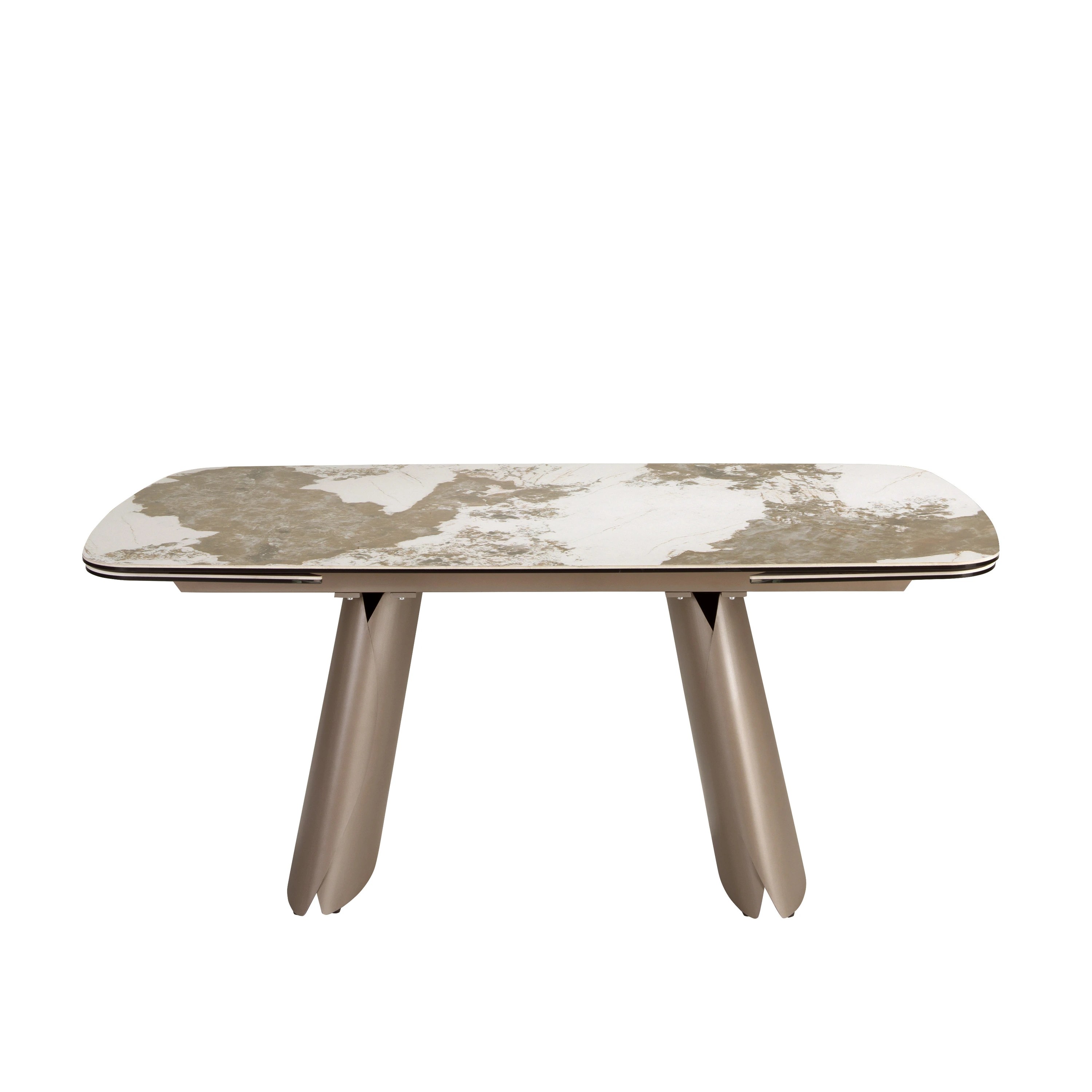 Table à manger ovale extensible en forme de tonneau en marbre céramique et acier taupe métallisé