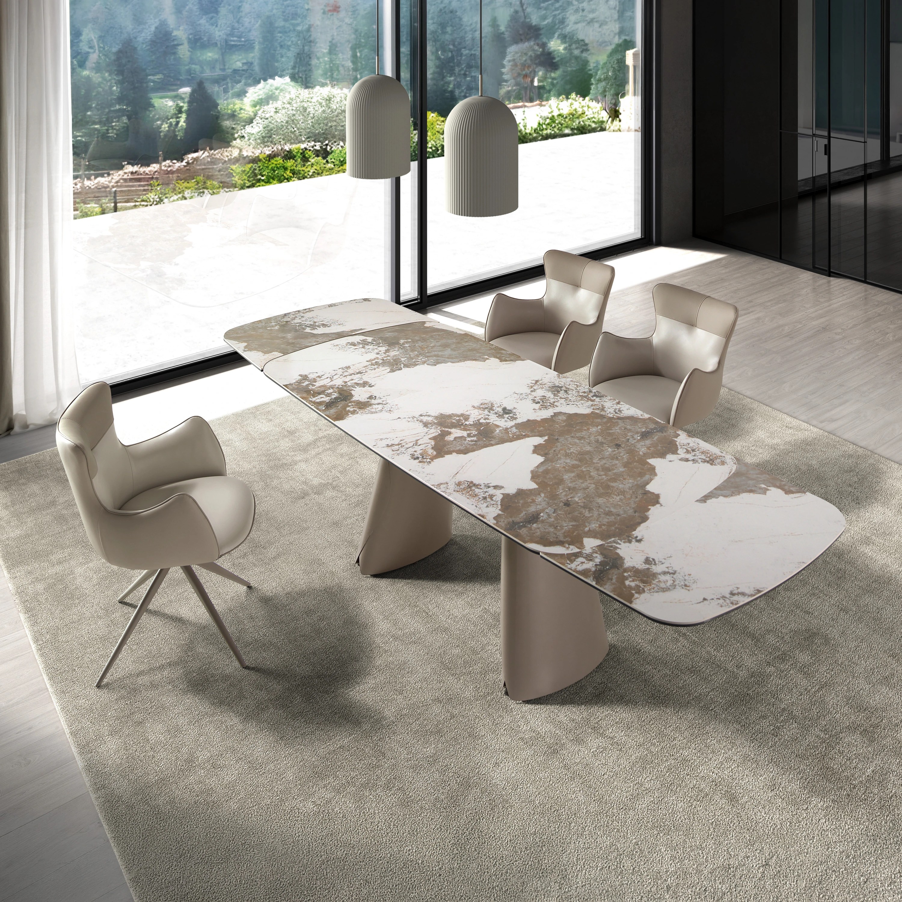 Table à manger ovale extensible en forme de tonneau en marbre céramique et acier taupe métallisé