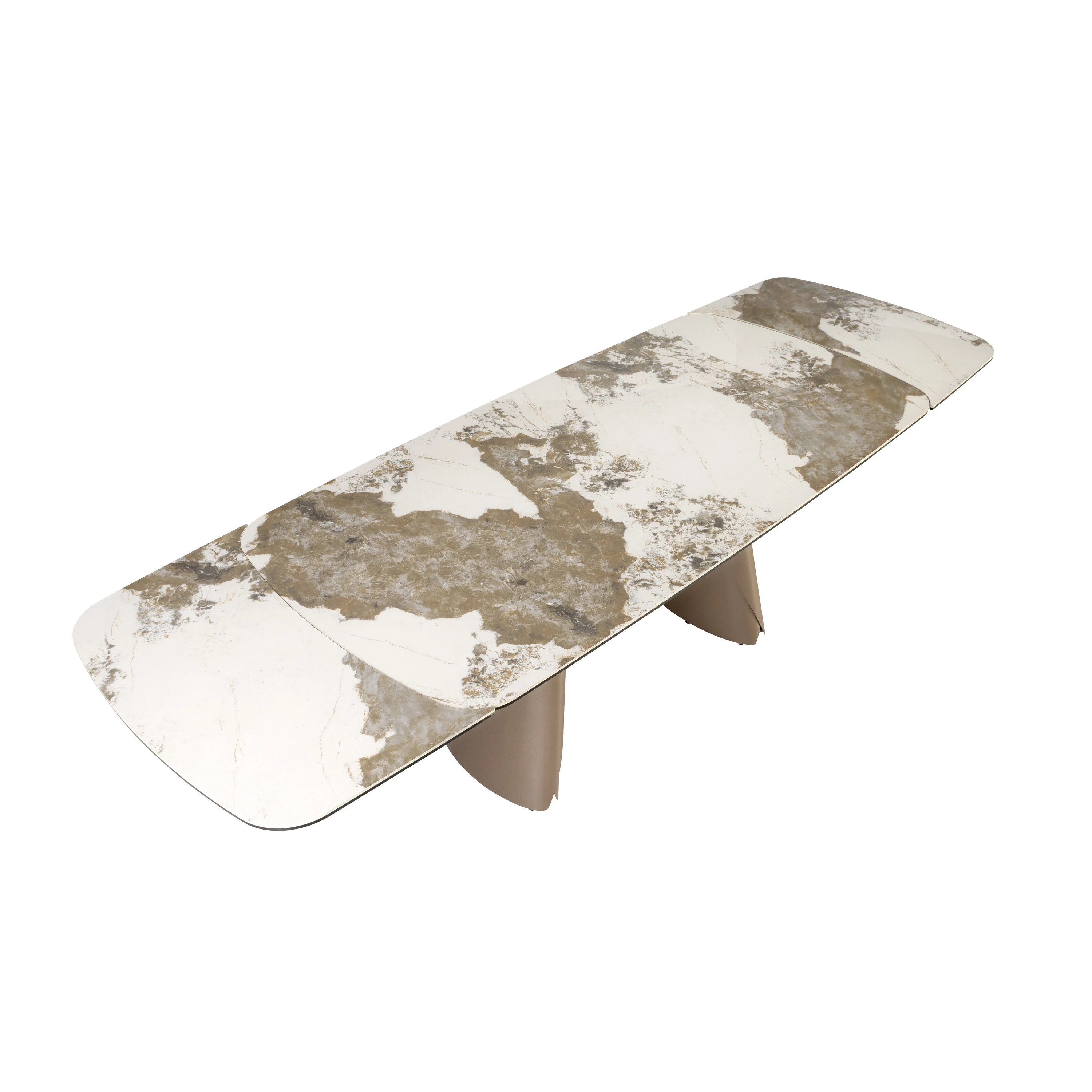 Table à manger ovale extensible en forme de tonneau en marbre céramique et acier taupe métallisé