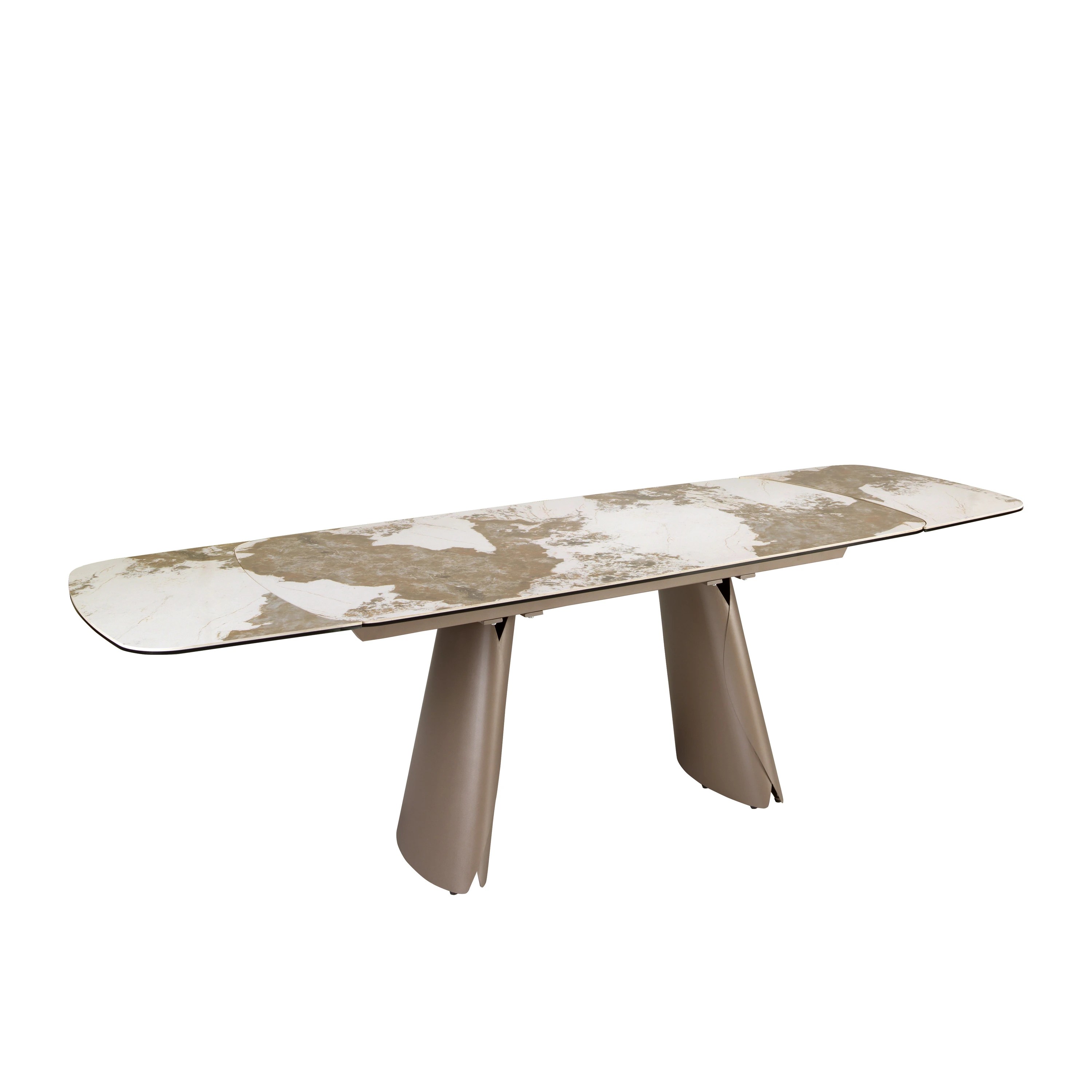 Table à manger ovale extensible en forme de tonneau en marbre céramique et acier taupe métallisé