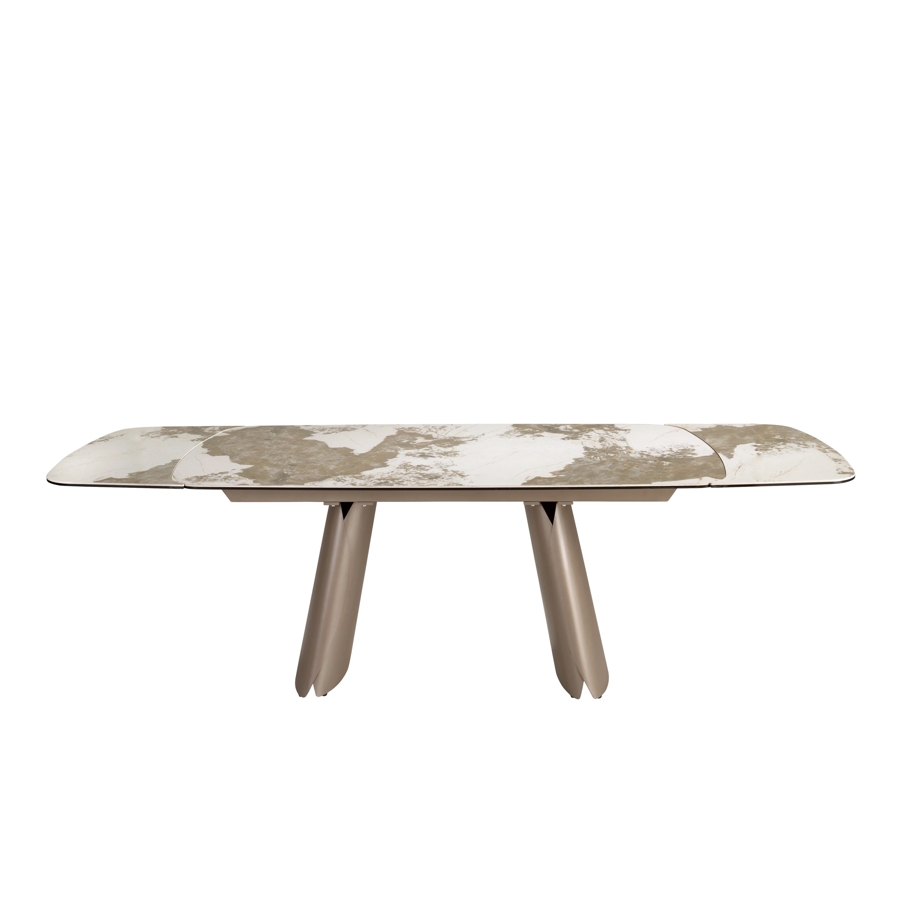 Table à manger ovale extensible en forme de tonneau en marbre céramique et acier taupe métallisé