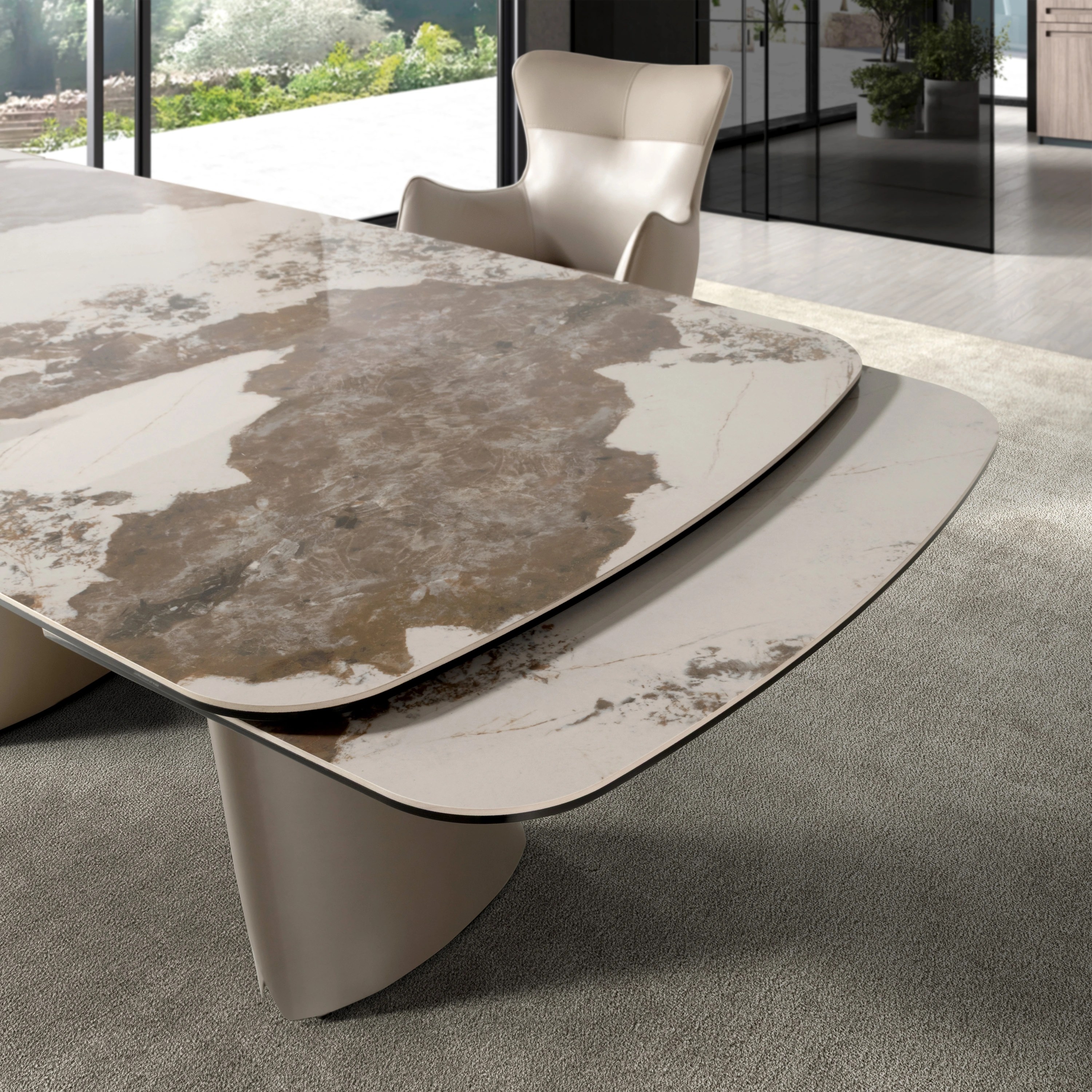 Table à manger ovale extensible en forme de tonneau en marbre céramique et acier taupe métallisé