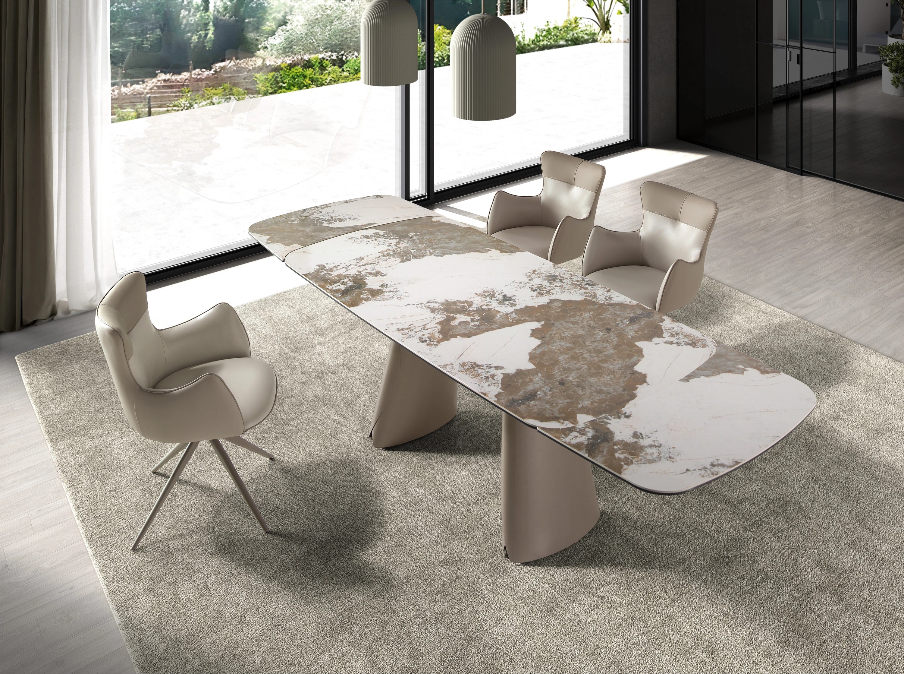 Table à manger ovale extensible en forme de tonneau en marbre céramique et acier taupe métallisé