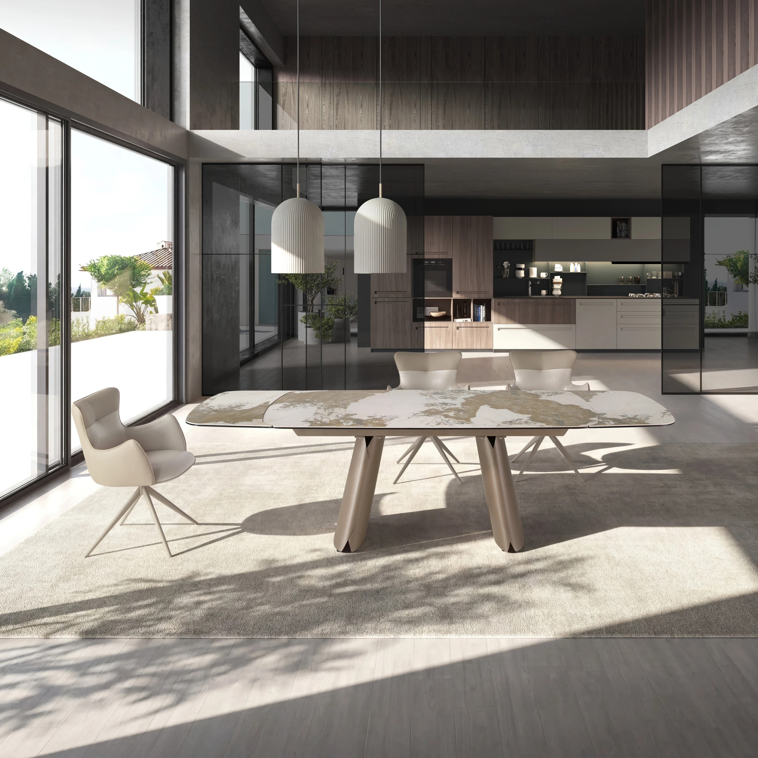 Table à manger ovale extensible en forme de tonneau en marbre céramique et acier taupe métallisé