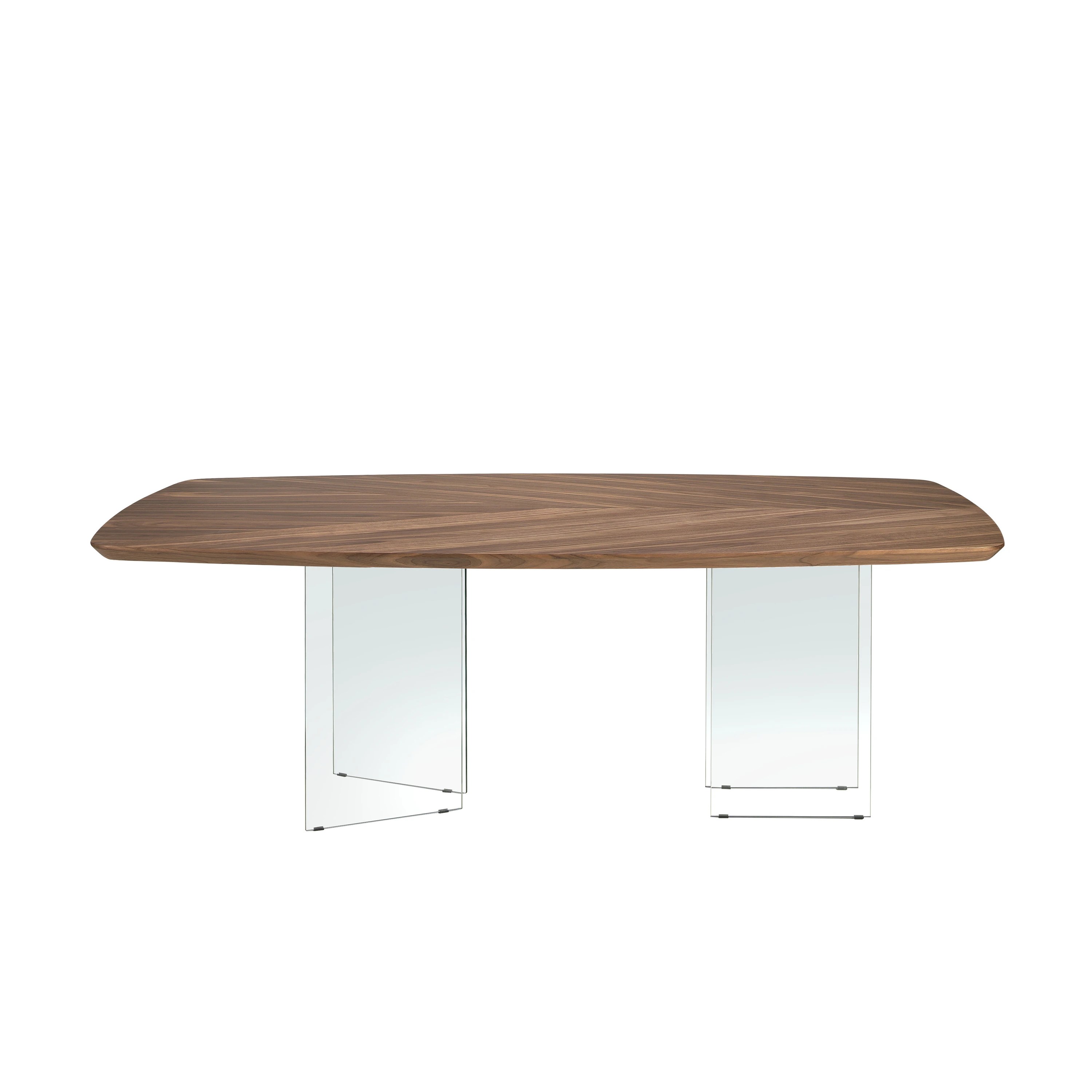 Table de salle à manger ovale en forme de tonneau en noyer et verre trempé