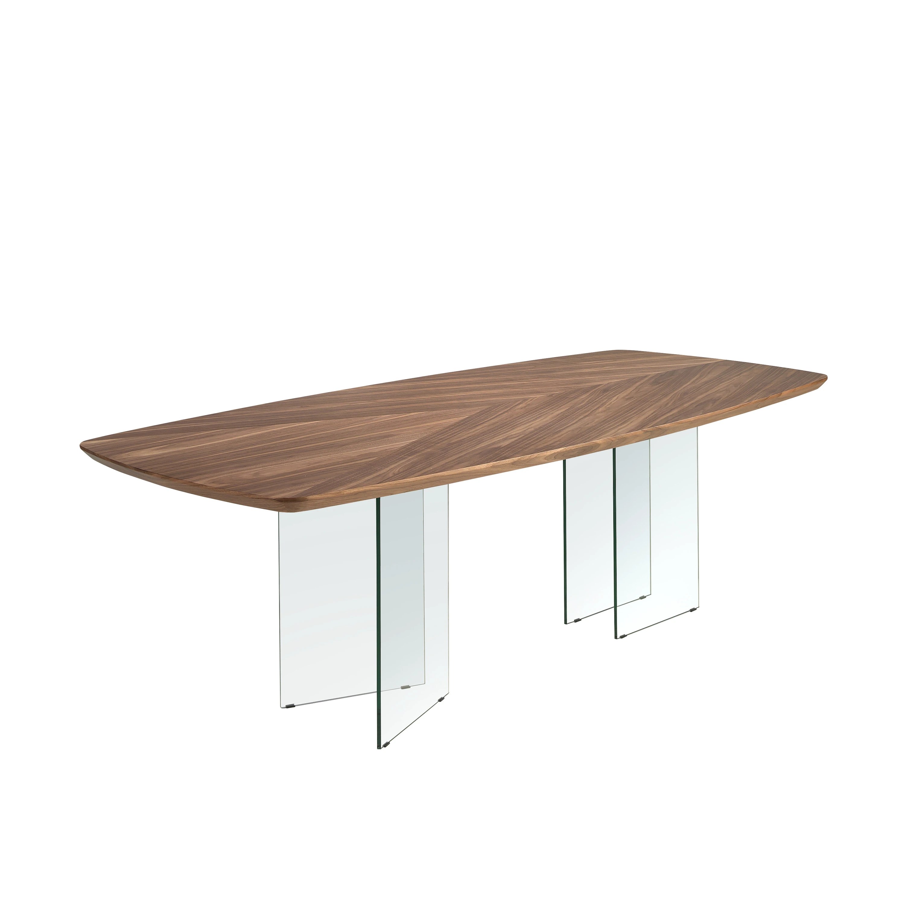 Table de salle à manger ovale en forme de tonneau en noyer et verre trempé