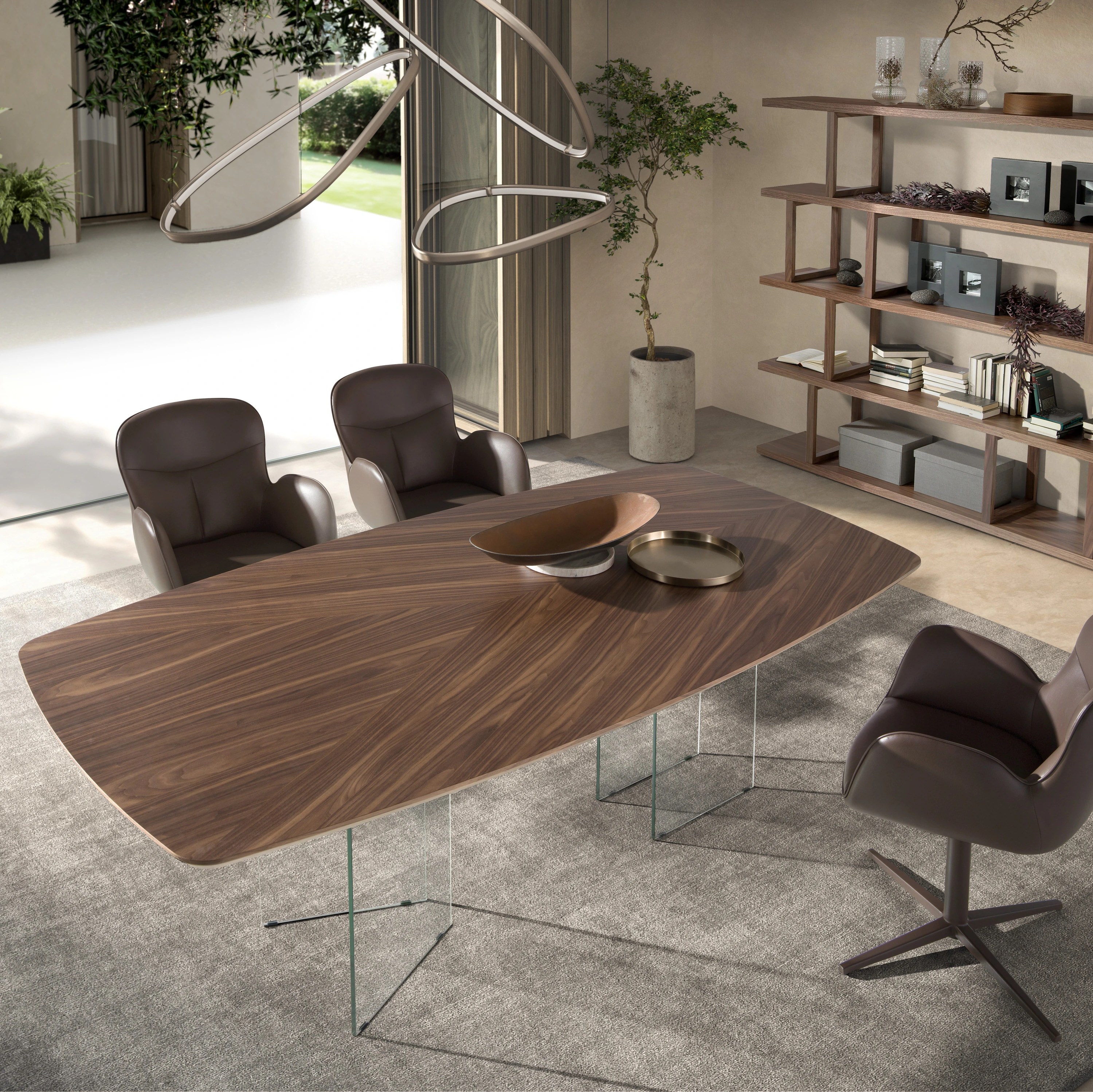 Table de salle à manger ovale en forme de tonneau en noyer et verre trempé