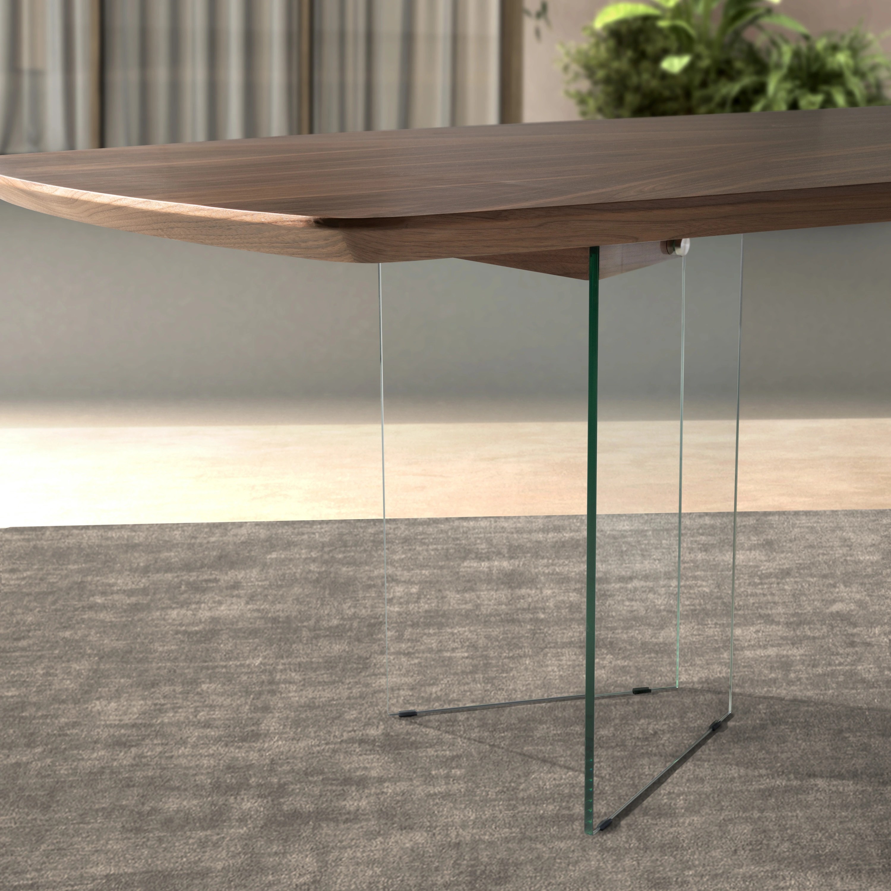 Table de salle à manger ovale en forme de tonneau en noyer et verre trempé