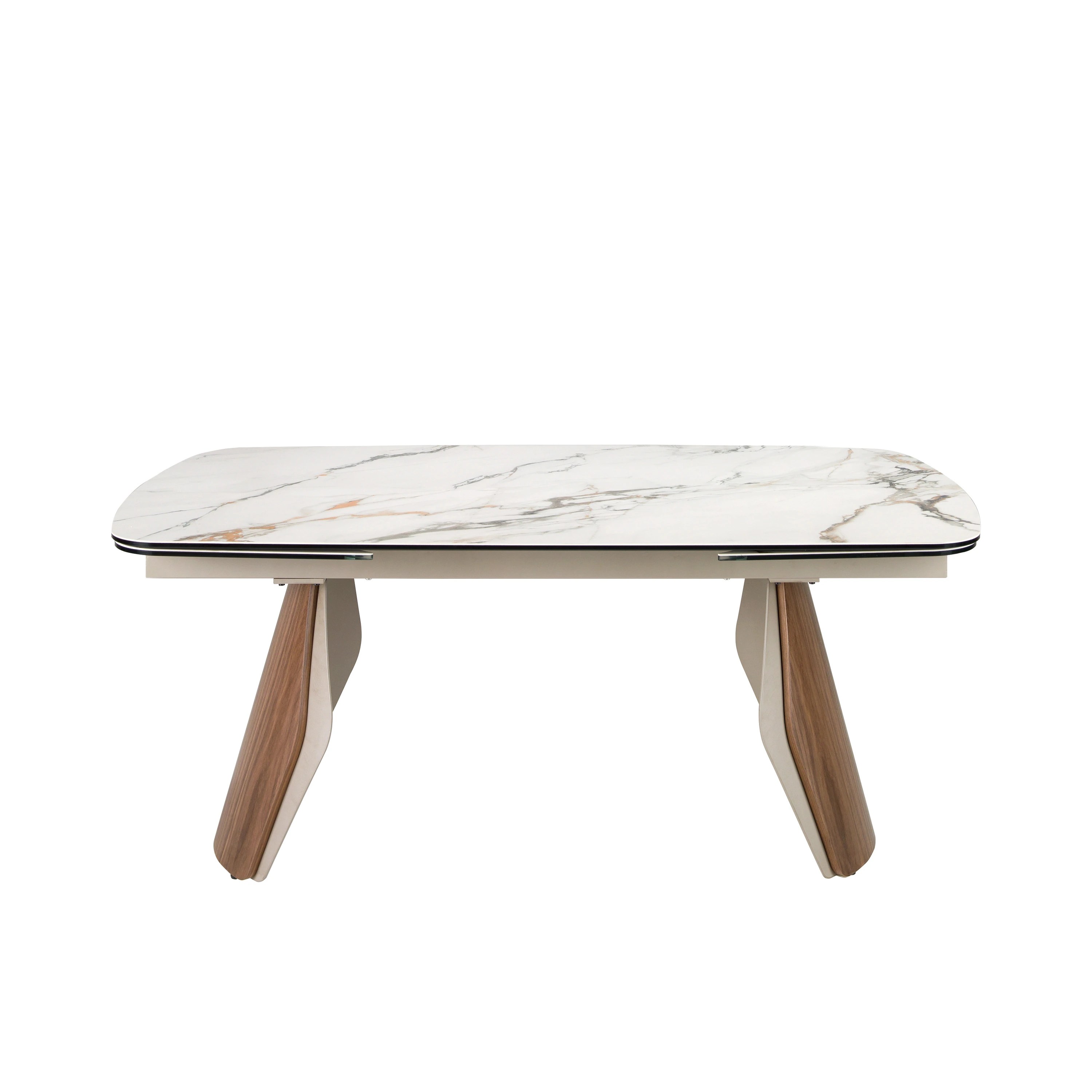 Table de salle à manger extensible ovale en forme de tonneau en marbre porcelanique, acier coloris sable métallisé et bois de noyer