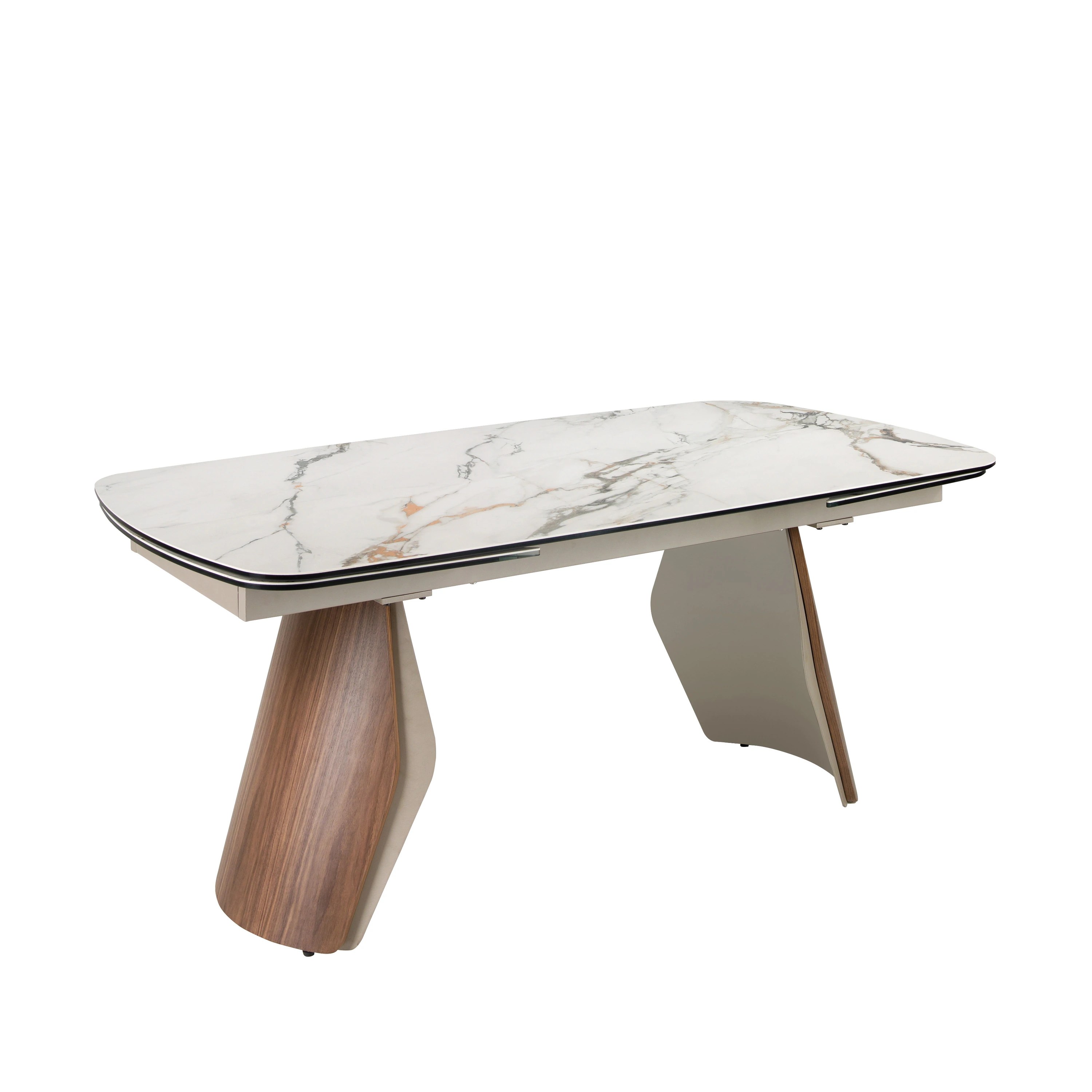 Table de salle à manger extensible ovale en forme de tonneau en marbre porcelanique, acier coloris sable métallisé et bois de noyer
