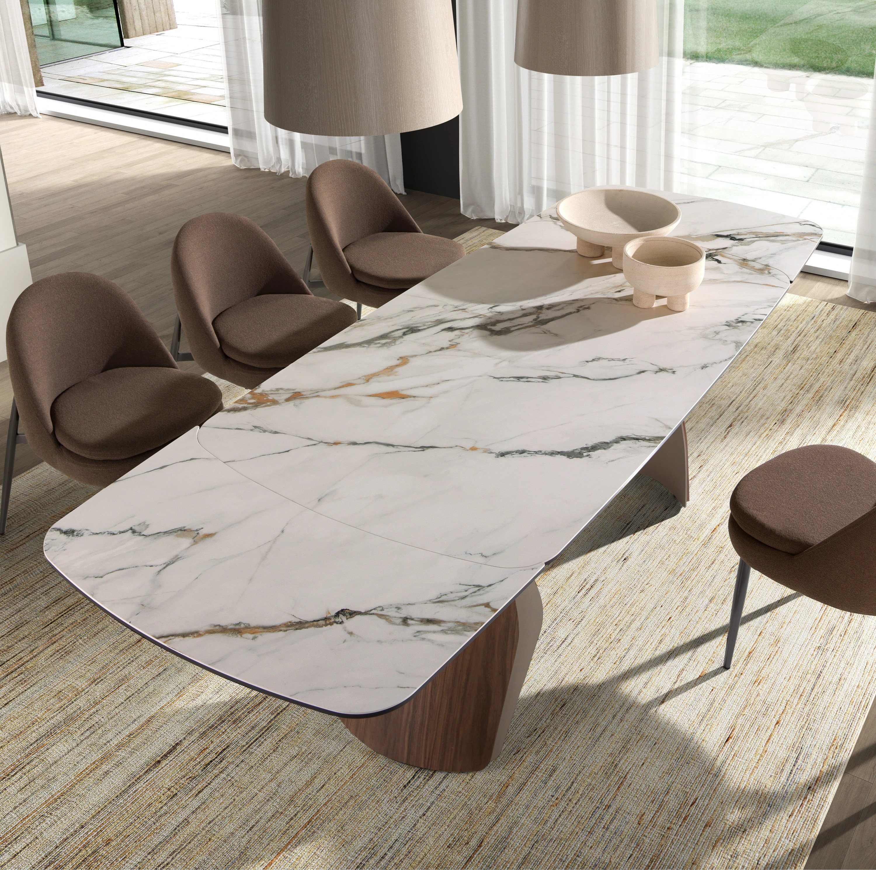 Table de salle à manger extensible ovale en forme de tonneau en marbre porcelanique, acier coloris sable métallisé et bois de noyer