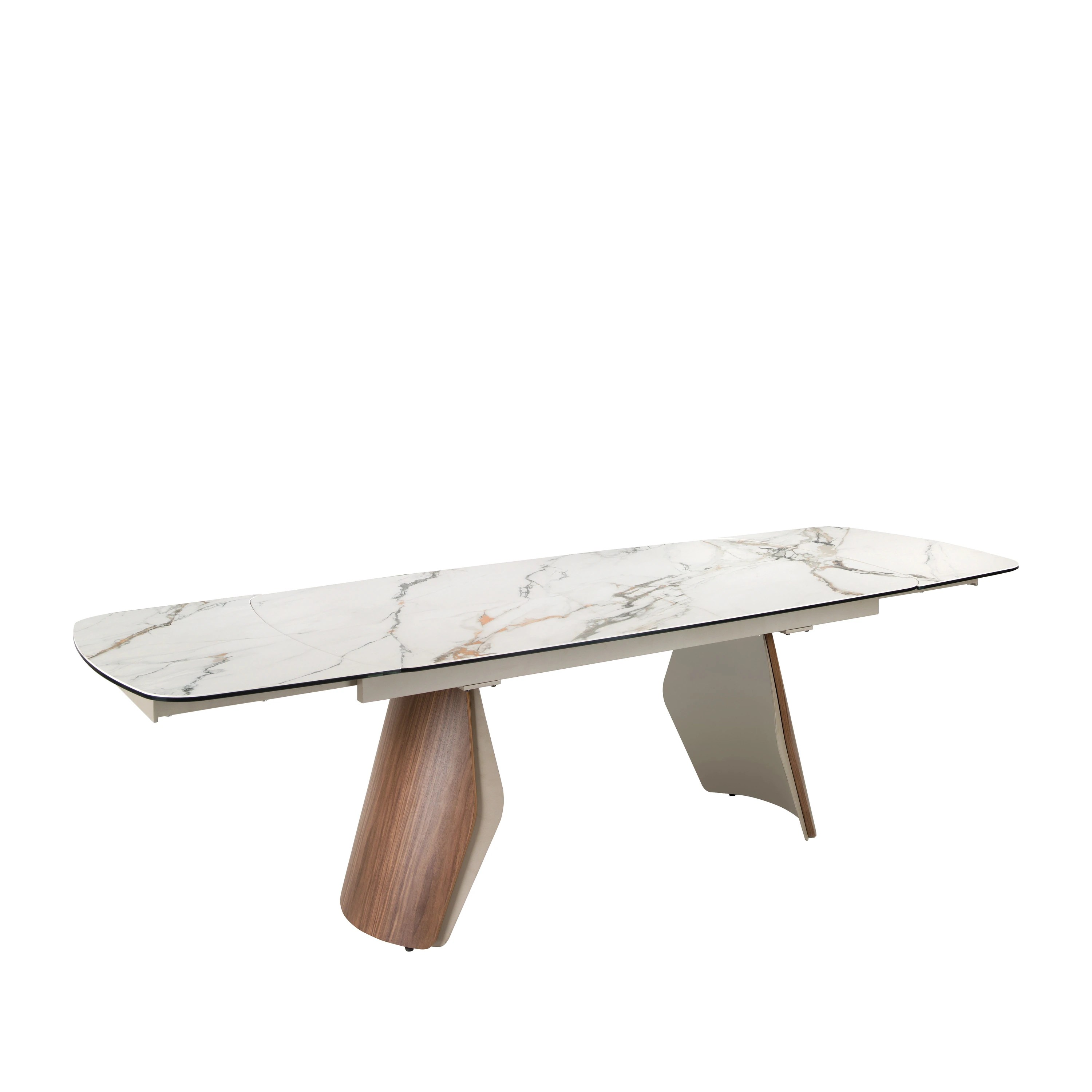 Table de salle à manger extensible ovale en forme de tonneau en marbre porcelanique, acier coloris sable métallisé et bois de noyer