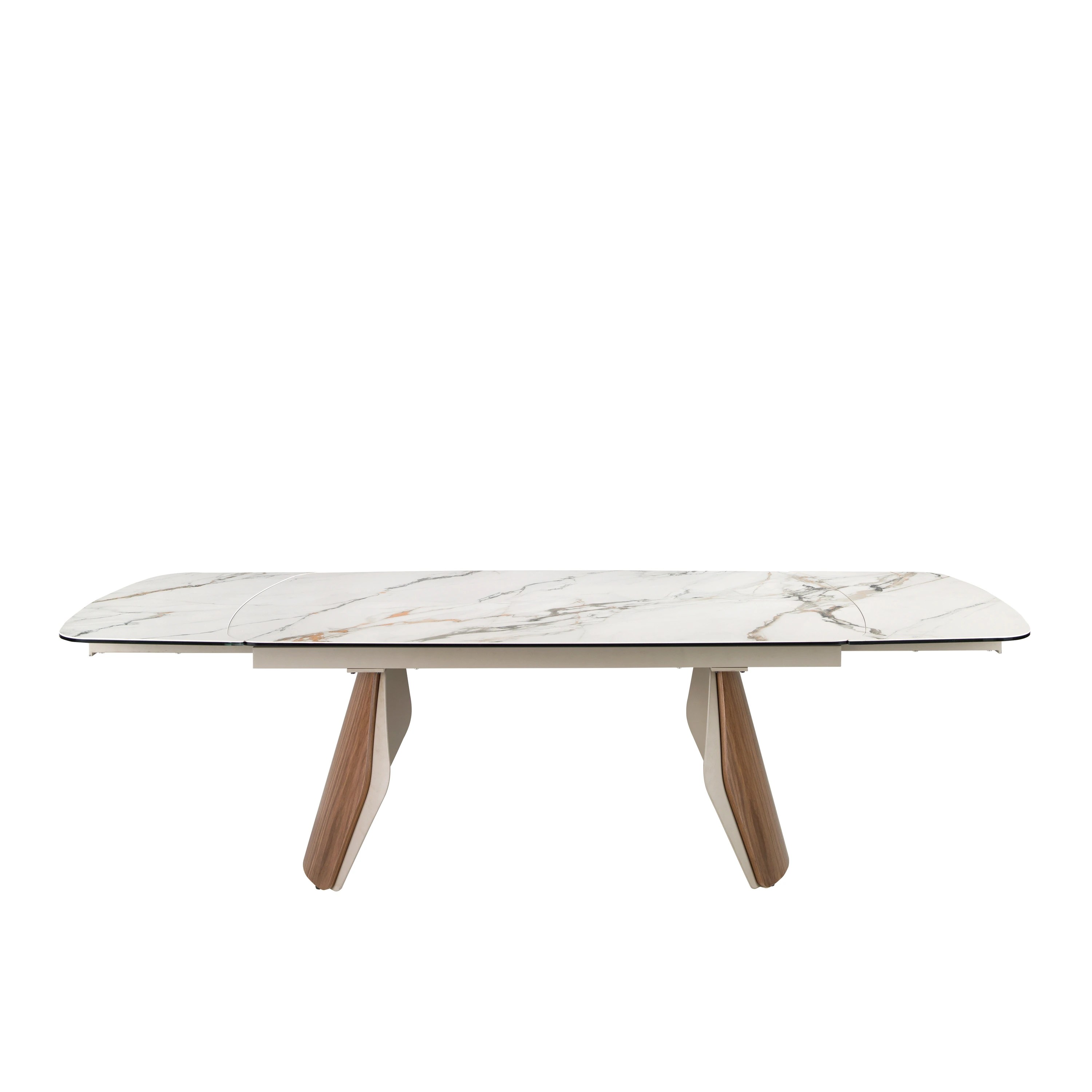 Table de salle à manger extensible ovale en forme de tonneau en marbre porcelanique, acier coloris sable métallisé et bois de noyer