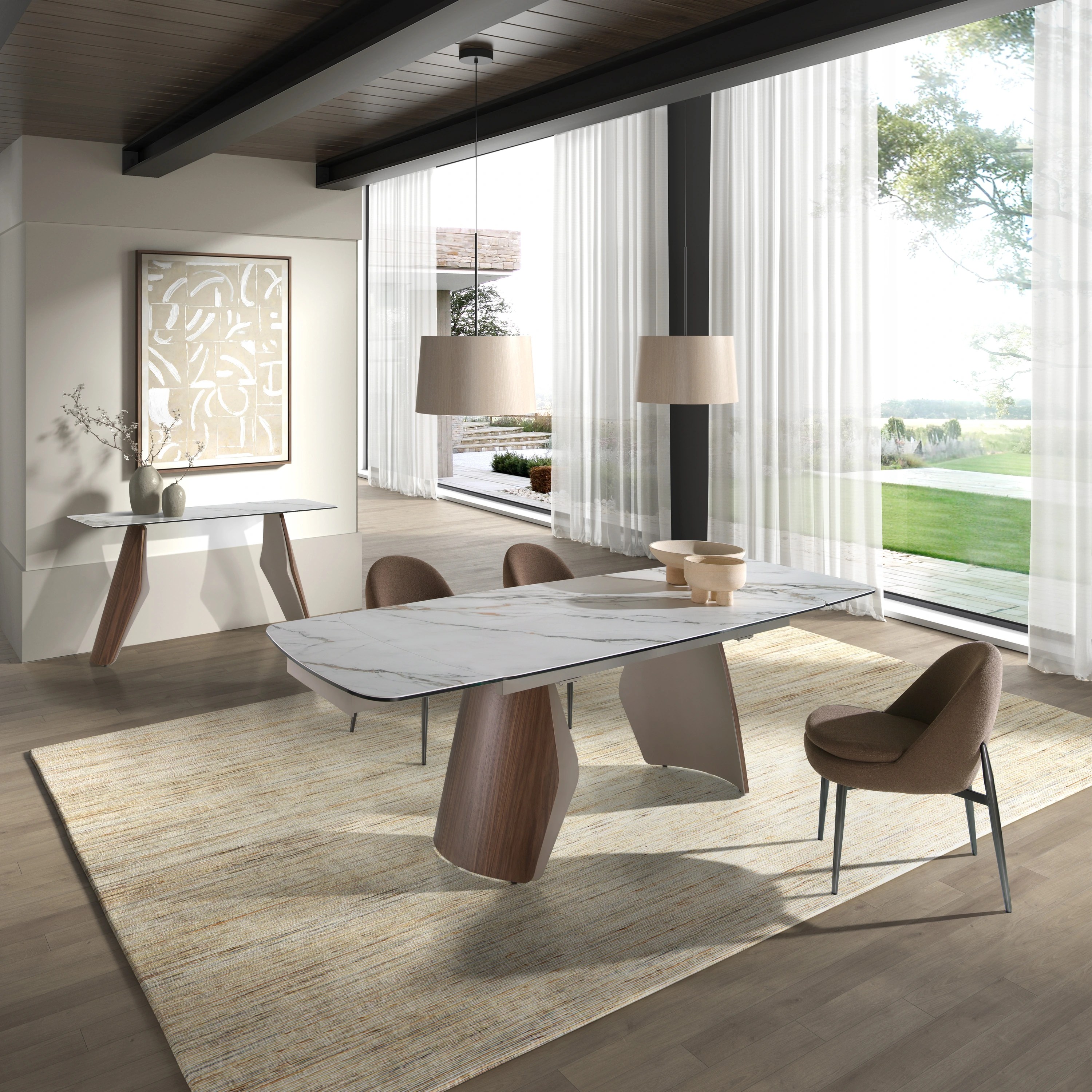 Table de salle à manger extensible ovale en forme de tonneau en marbre porcelanique, acier coloris sable métallisé et bois de noyer