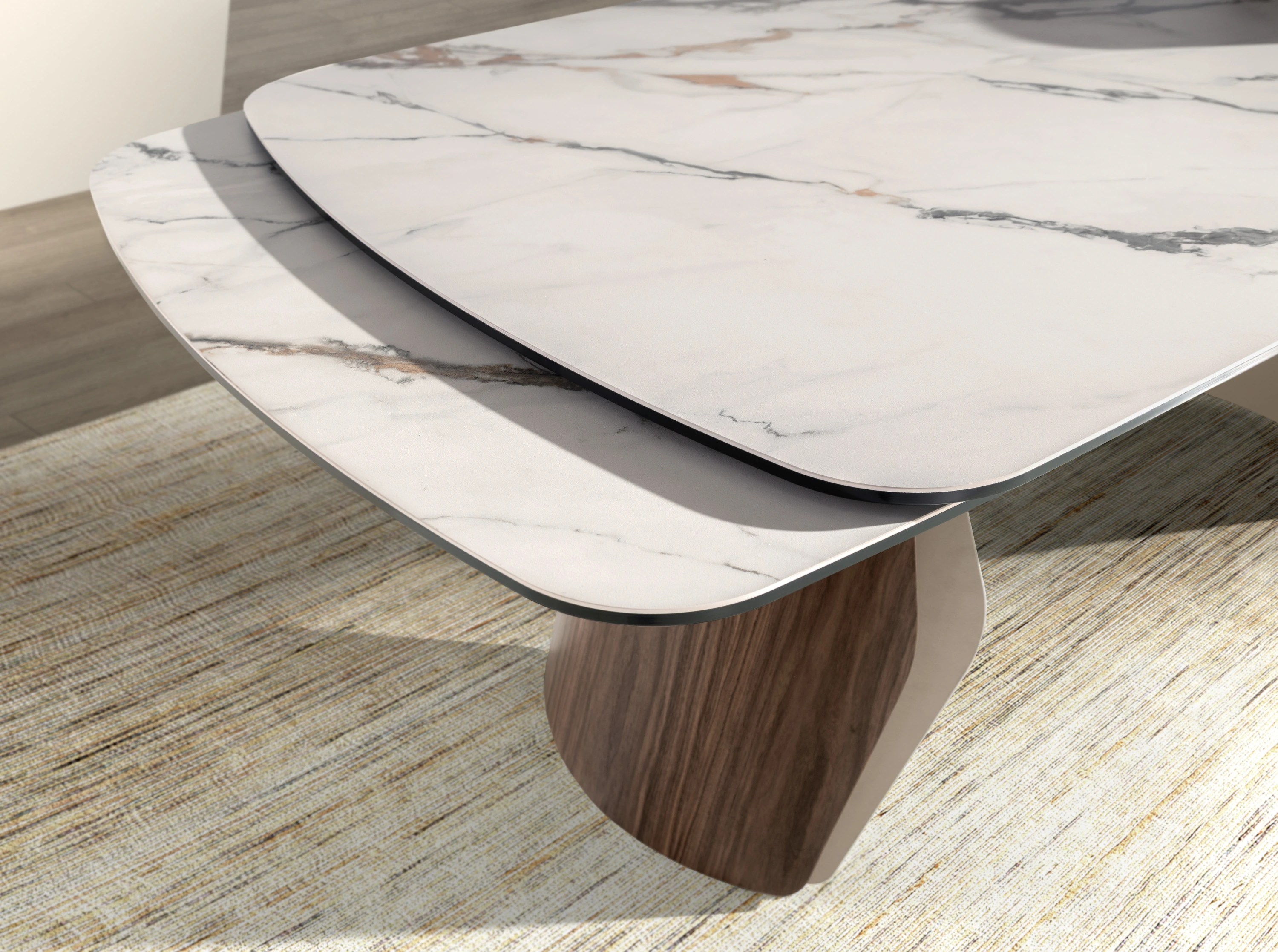 Table de salle à manger extensible ovale en forme de tonneau en marbre porcelanique, acier coloris sable métallisé et bois de noyer
