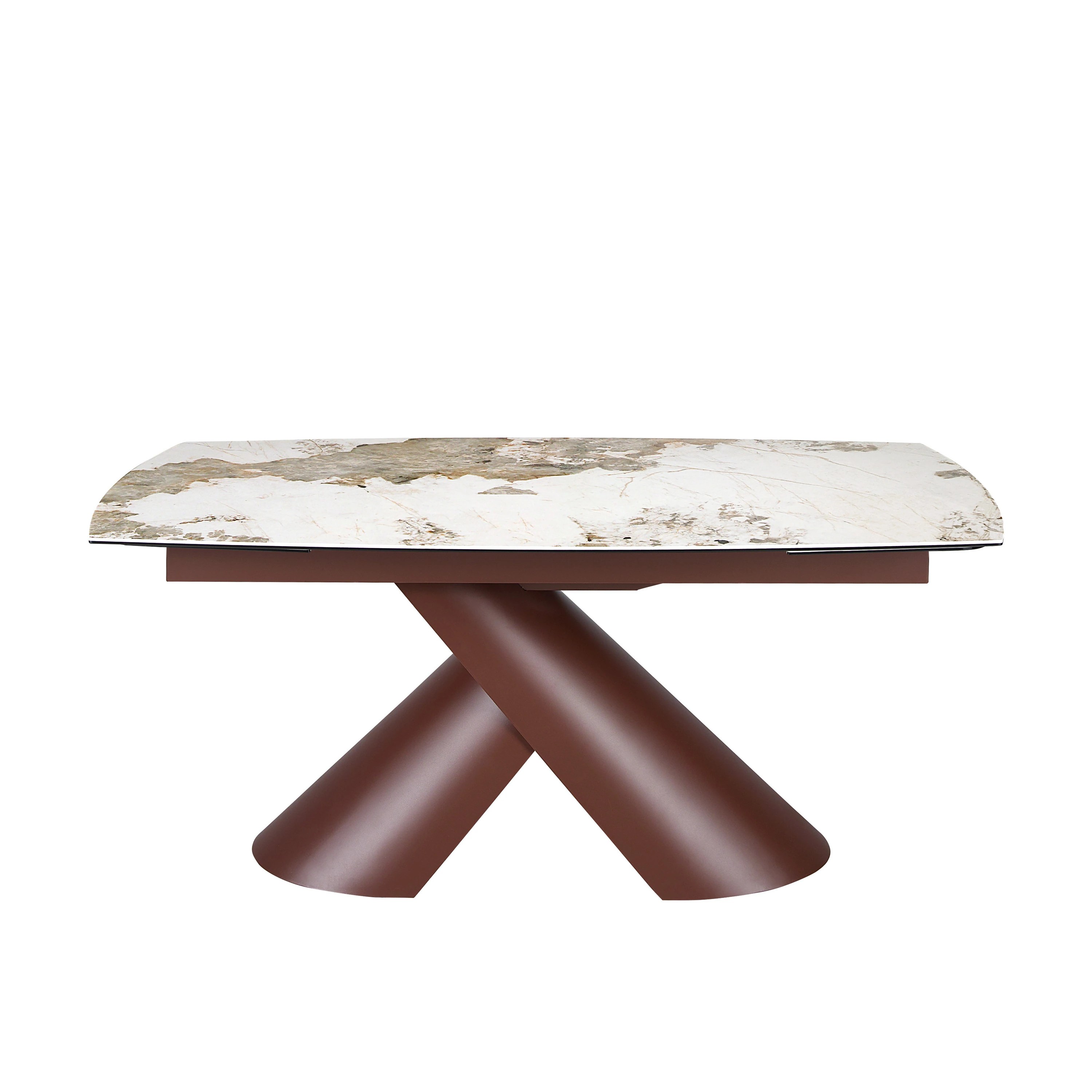 Table de salle à manger extensible ovale tonneau en marbre céramique et acier marron cuivré