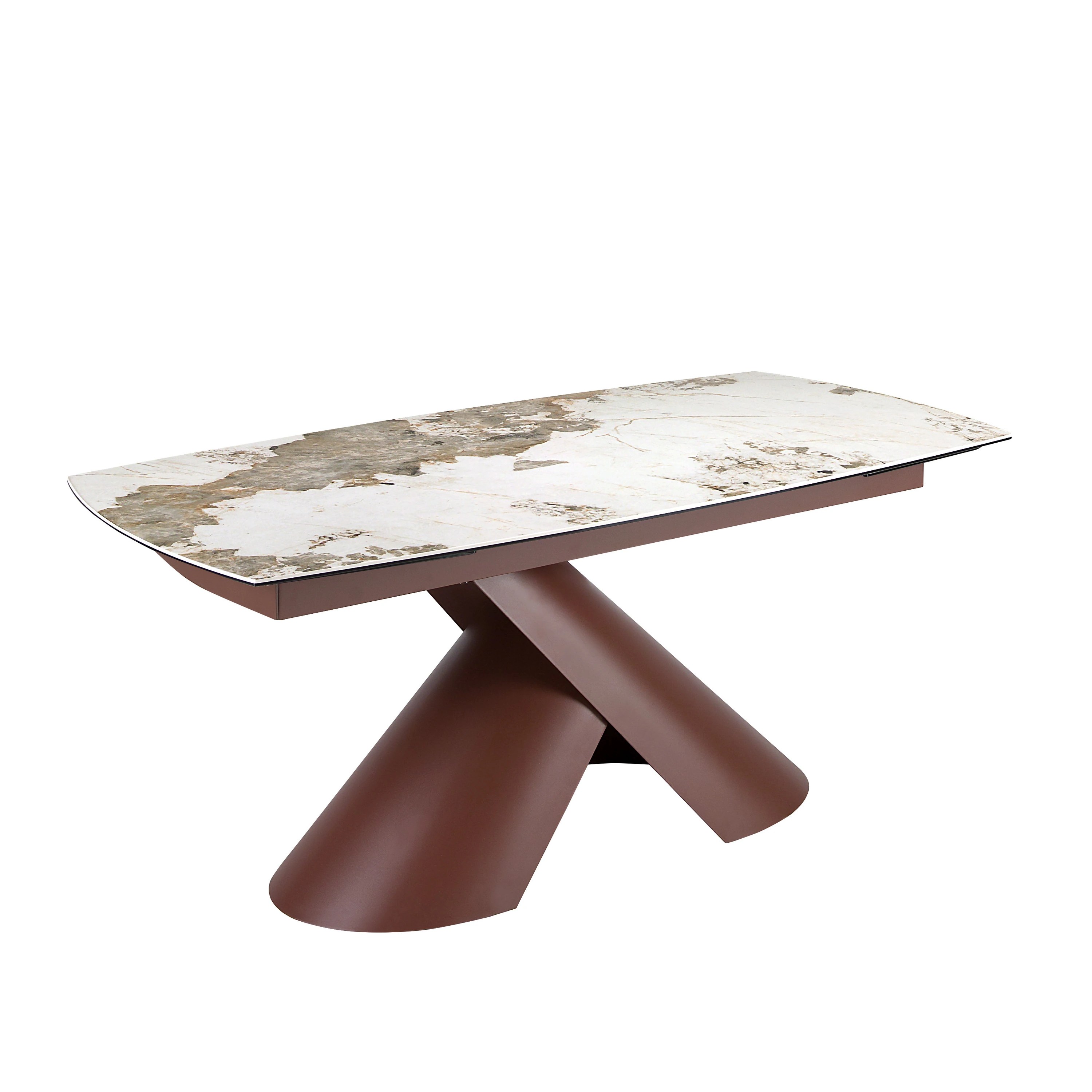 Table de salle à manger extensible ovale tonneau en marbre céramique et acier marron cuivré