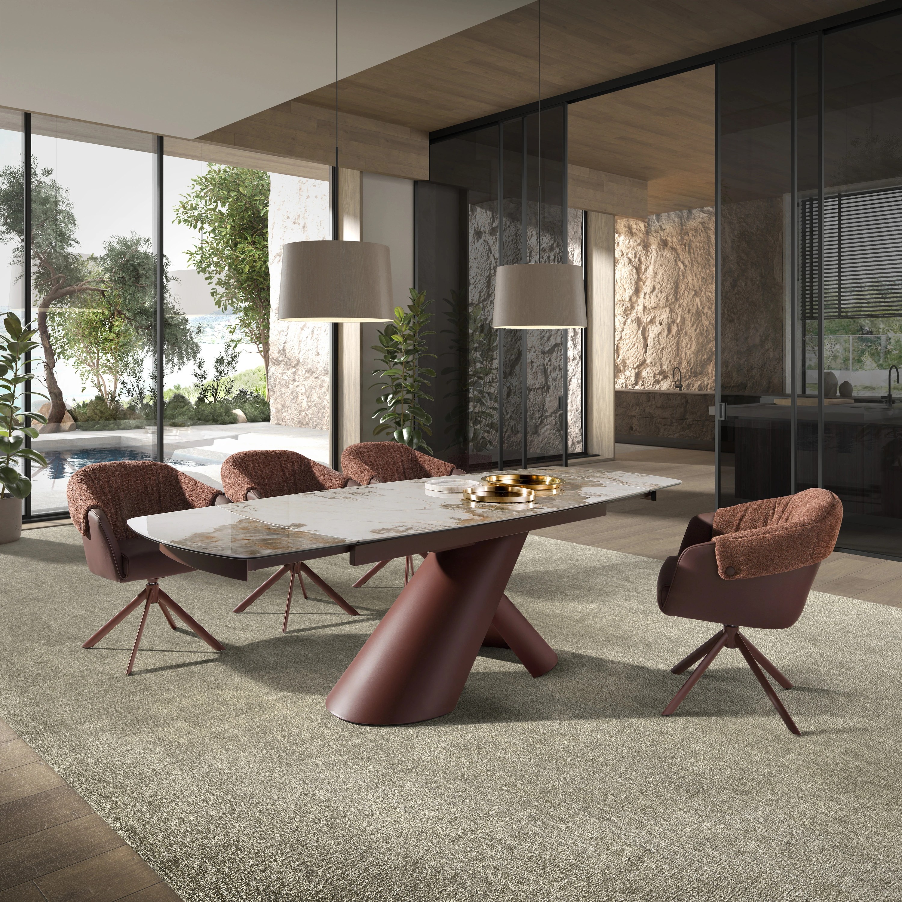 Table de salle à manger extensible ovale tonneau en marbre céramique et acier marron cuivré