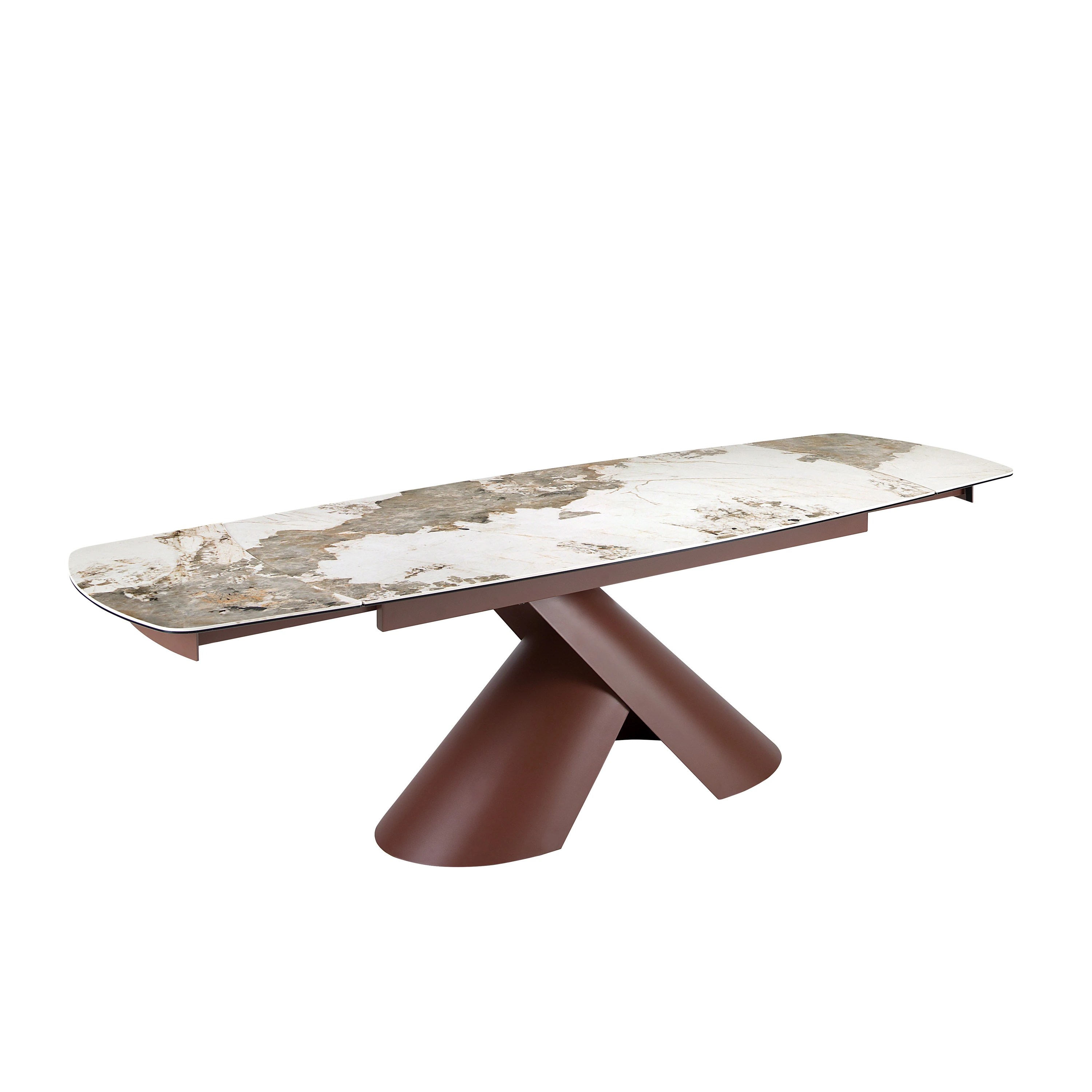 Table de salle à manger extensible ovale tonneau en marbre céramique et acier marron cuivré