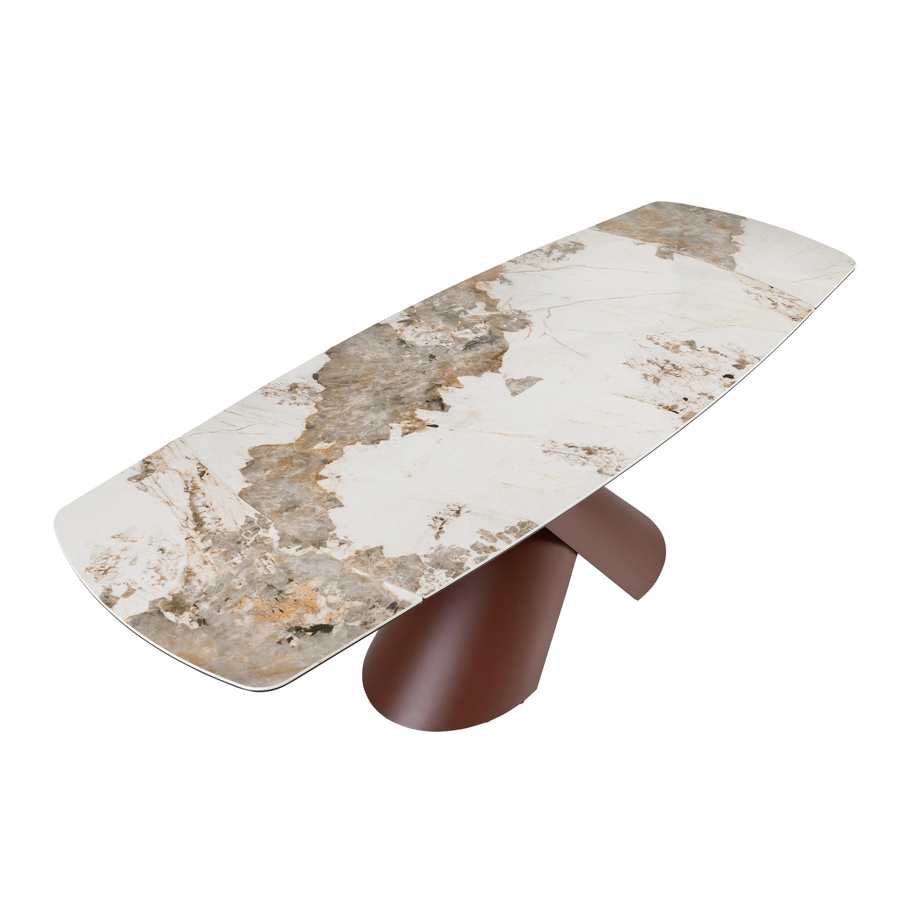 Table de salle à manger extensible ovale tonneau en marbre céramique et acier marron cuivré
