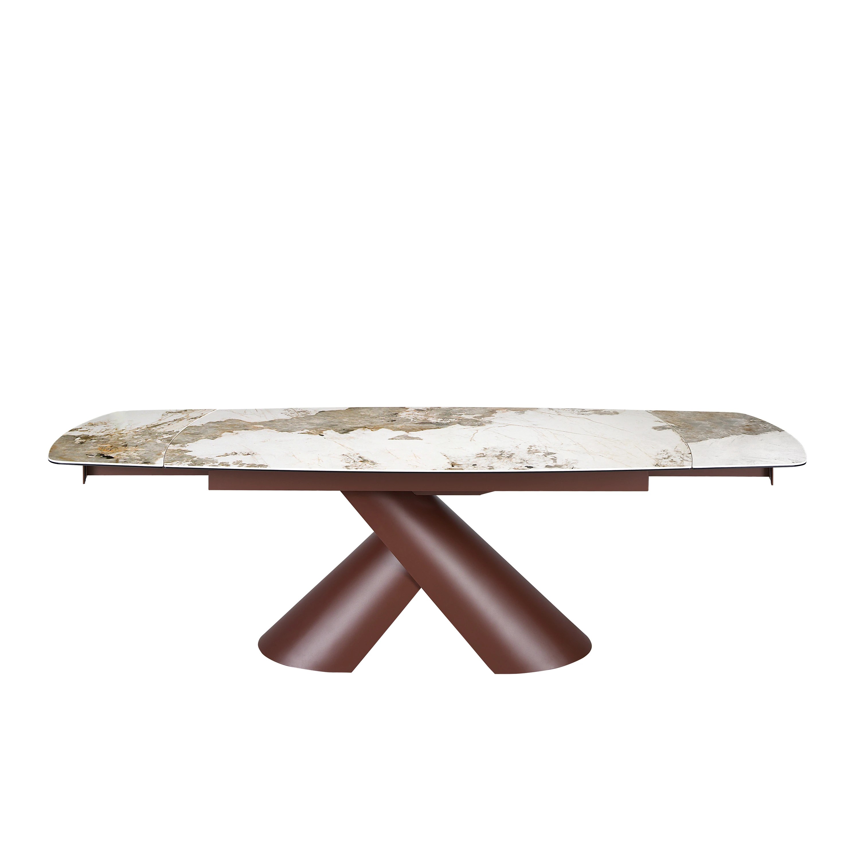 Table de salle à manger extensible ovale tonneau en marbre céramique et acier marron cuivré